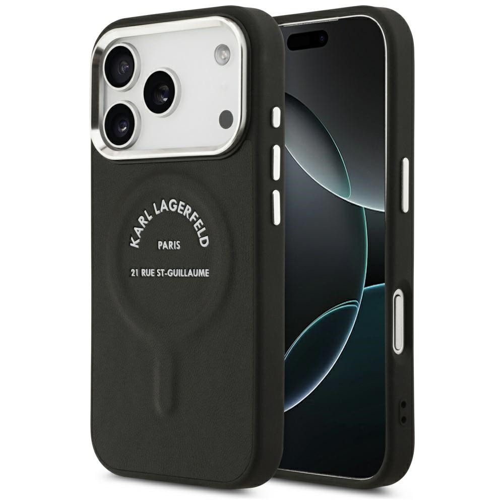 KARL LAGERFELD Handyhülle iPhone 18 Pro Kunstleder schwarz MagSafe Logo Umrandung 6,3 Zoll, Kantenschutz