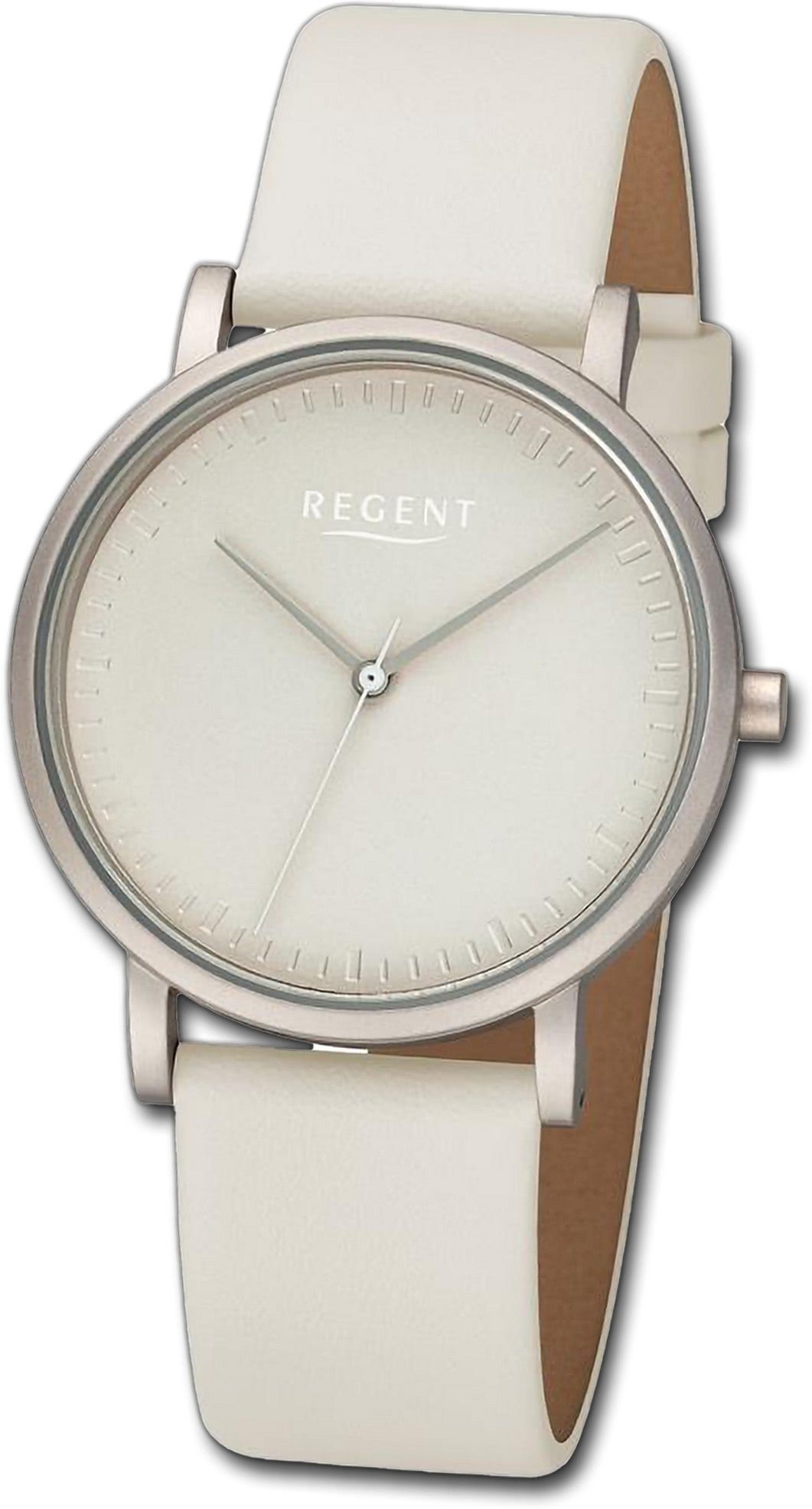 Regent Quarzuhr Regent Damen Armbanduhr Analog, Damenuhr Lederarmband beige, rundes Gehäuse, extra groß (ca. 36mm)