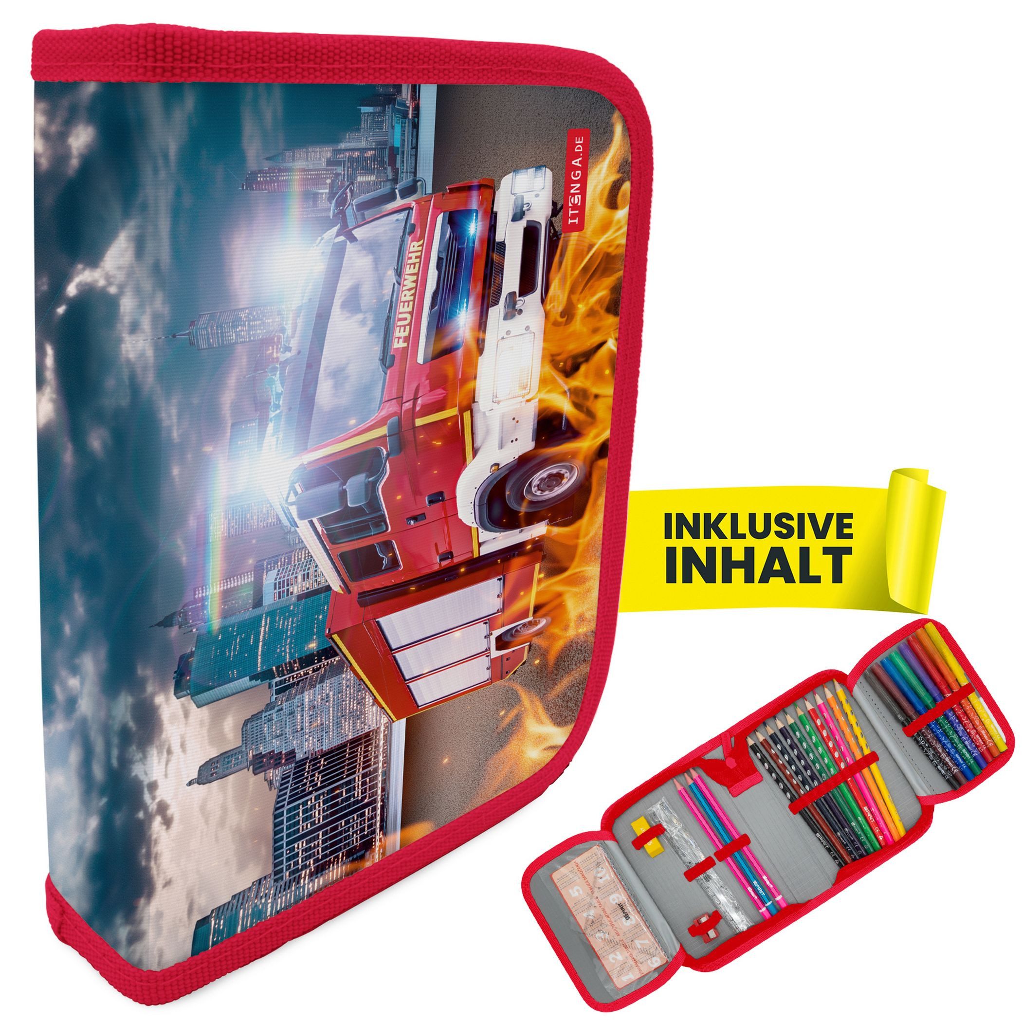 itenga Federmäppchen itenga Schüler-Etui Mäppchen FEUERWEHR 28 teilig (gefüllt) 1-Zipper