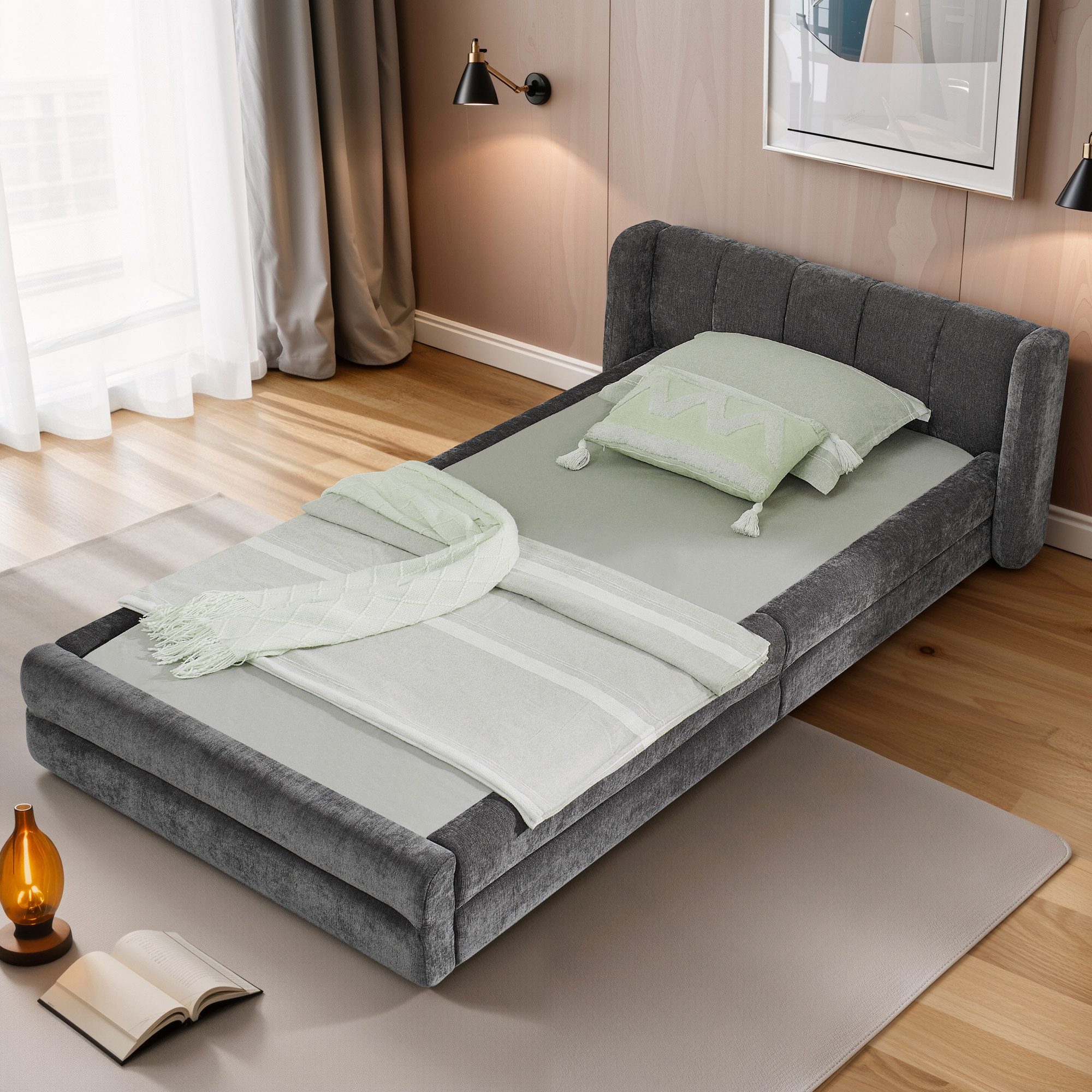 Odikalo Polsterbett Einzelbett Kinderbett, Chenillestoff (90x200 / 140x200 / 160x200 cm, hautfreundlicher Chenillestoff, komfortables Rückenlehne, auch als Kinderbett geeignet, Dark Gray (ohne Matratze)
