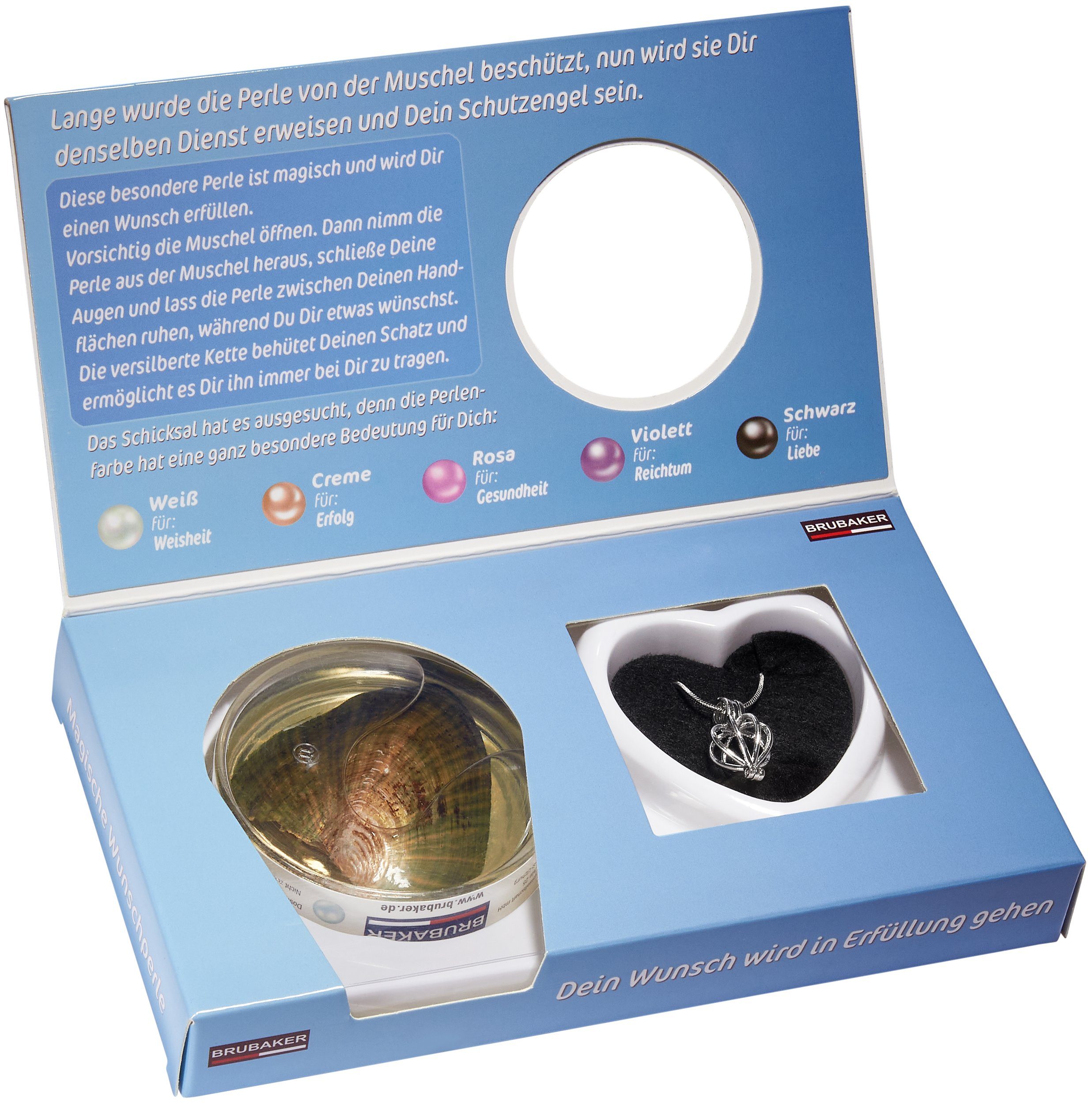 BRUBAKER Perlenketten-Set Schutzengel-Wunschperle als Schutzamulett (4-tlg., Geschenkset mit Silberkette und Muschel), Halskette mit Körbchen-Anhänger und echter Perle