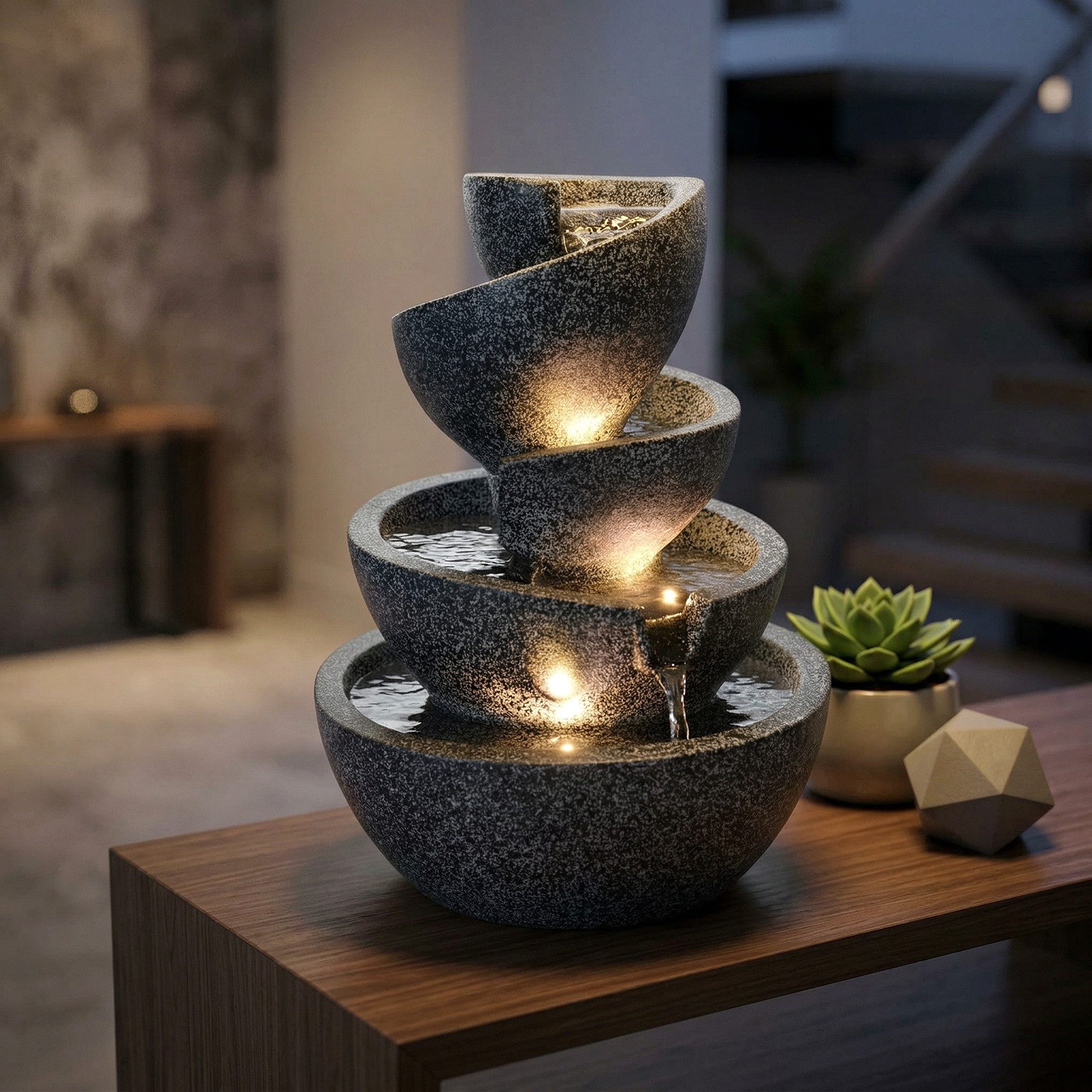 Arnusa Zimmerbrunnen Springbrunnen mit LED Beleuchtung Gartenbrunnen stilvoll Dekoration, Wohnzimmerdeko Wasserspiel LED warmweiß – Bild 4 von 5