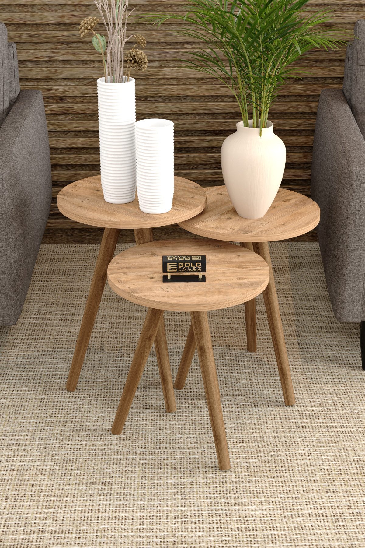 en.casa Couchtisch (3-St), 3-tlg. Satztische, runde Platte, Holzbeine 89322 günstig online kaufen