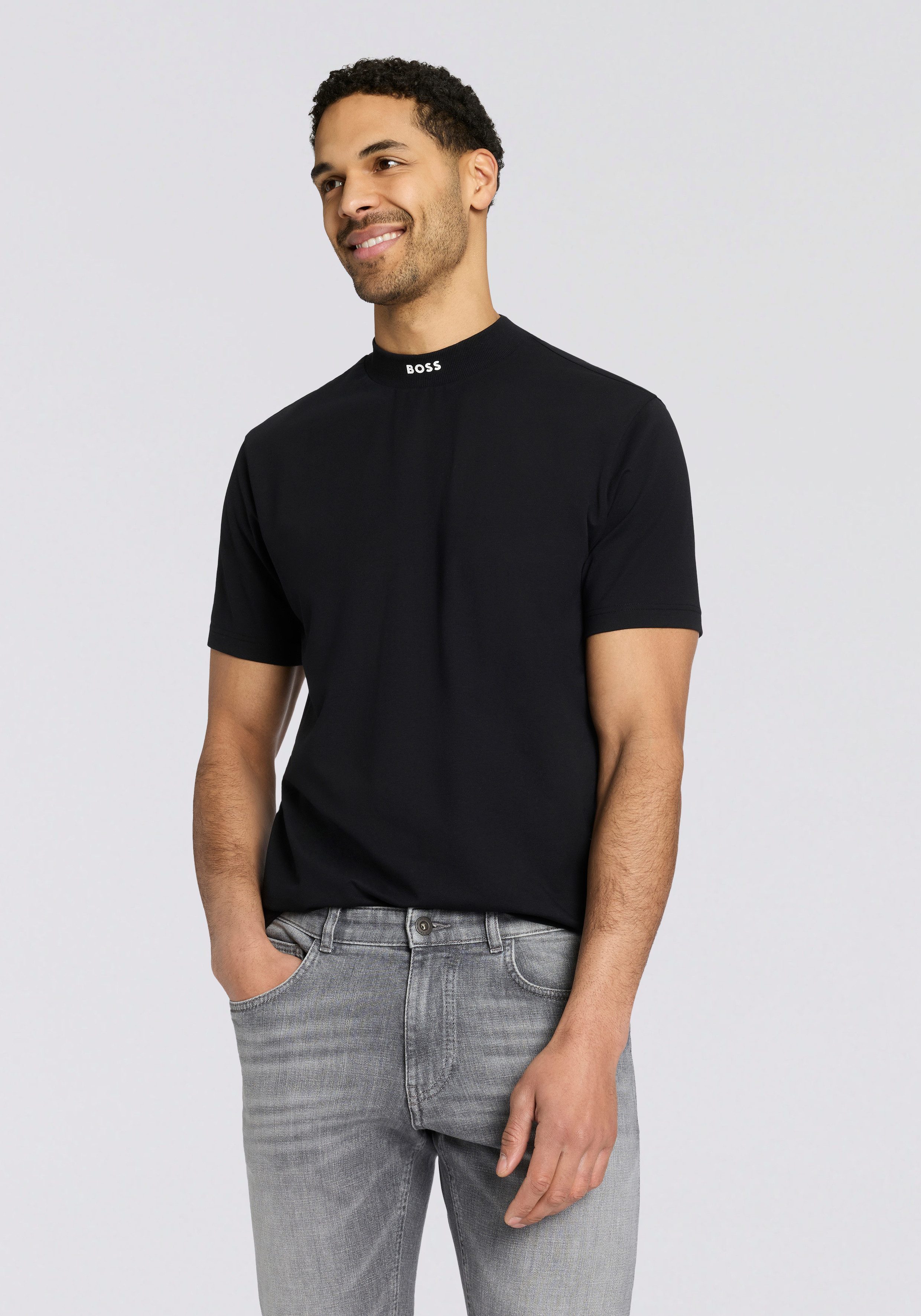BOSS GREEN T-Shirt Tee Collar Relaxed Fit Stretch Jersey Baumwolle, Logo Centered, Rundhals