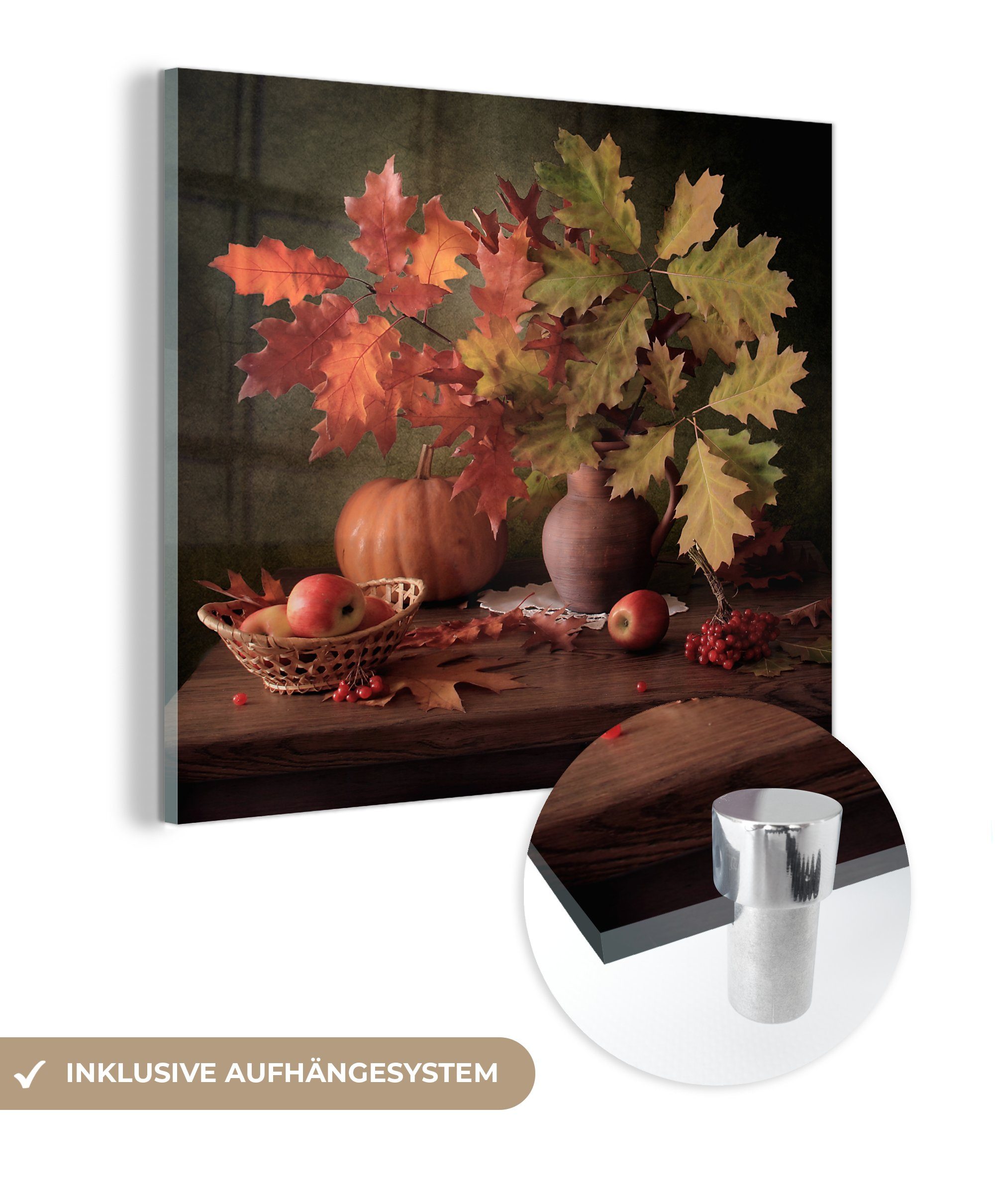 MuchoWow Acrylglasbild Stilleben - Kürbis - Blätter - Apfel - Kirsche - Herbst, (1 St), Glasbilder - Bilder auf Glas Wandbild - Foto auf Glas - Wanddekoration bunt