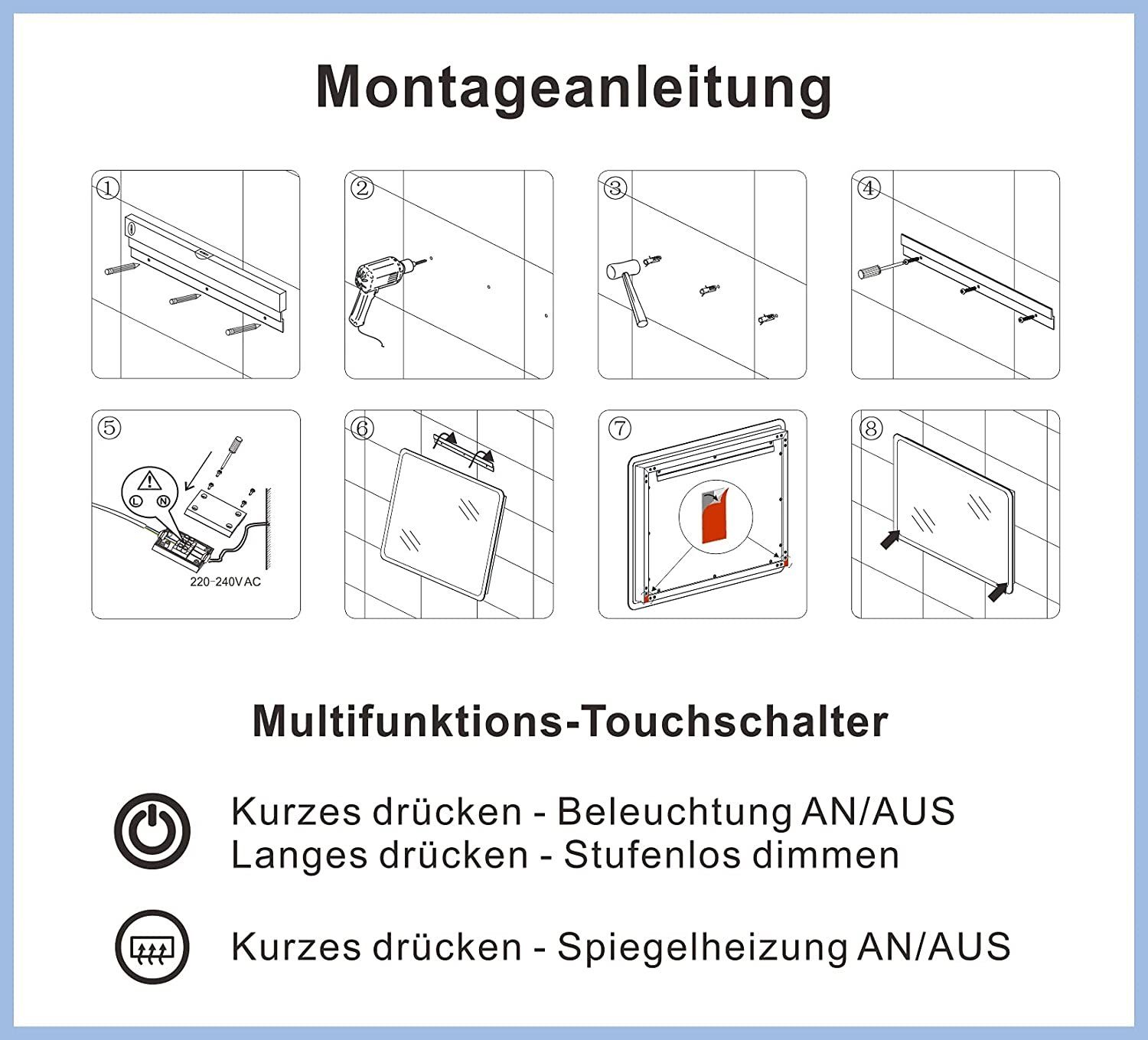 AQUABATOS Badspiegel Led Badezimmerspiegel Spiegelheizung, Beleuchtung Touch, Beschlagfrei, Dimmbar, IP44 Bad mit Kaltweiß 6400K, Spiegel Lichtspiegel