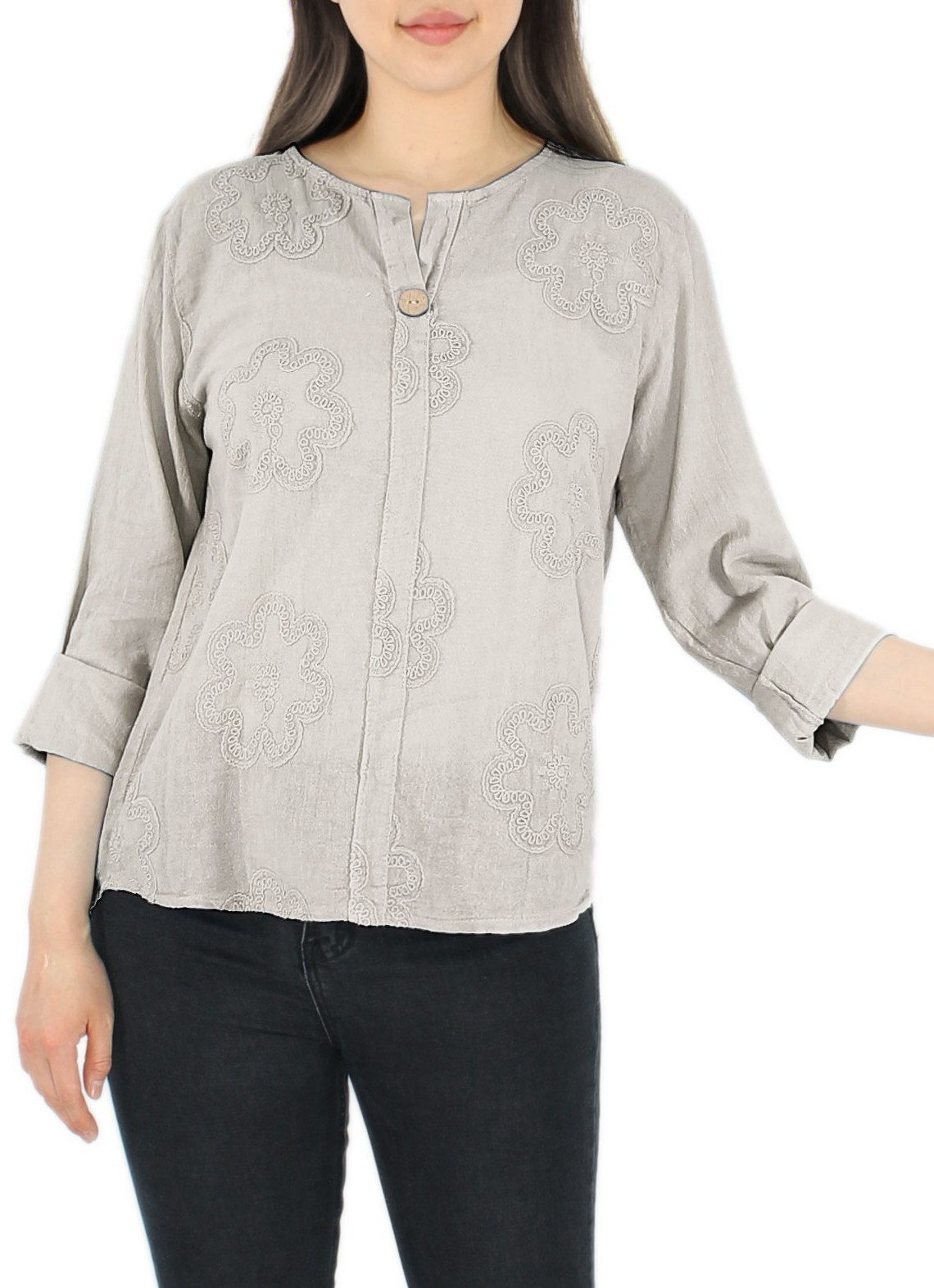 dy_mode Langarmbluse Damen Langarmshirt – Leichte Bluse im Vintage-Look mit V-Ausschnitt in Unifarbe, mit Stickerei Details