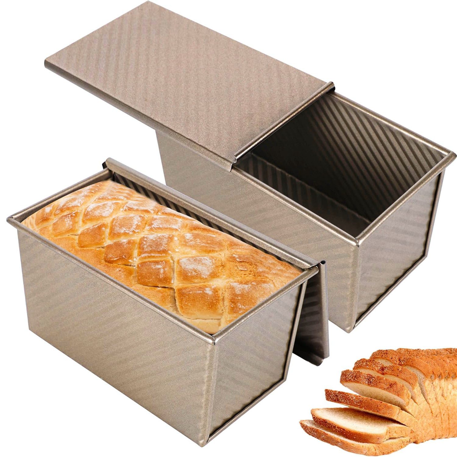 HEYHIPPO Brotbackform 2er-Set Toastbrotformen mit Deckel, Karbonstahl, Gold, antihaft, Toastbrot Kastenform mit Deckel, antihaft, langlebig, ideal für Kuchen