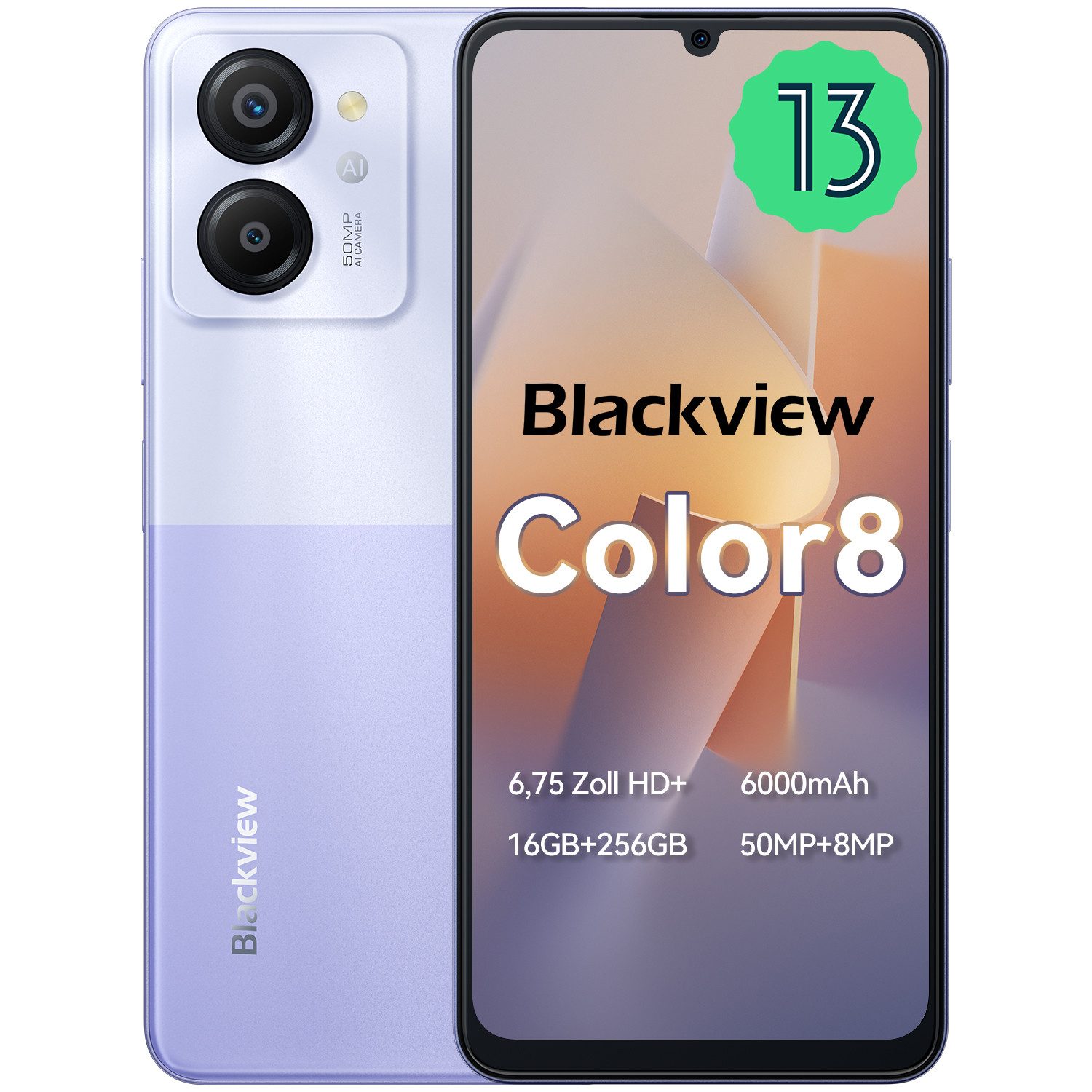 blackview Color8(8+256) Smartphone (6.75 Zoll, 256 GB Speicherplatz, 50 MP Kamera, 6000 mAh, Dual 4G, Face ID)
