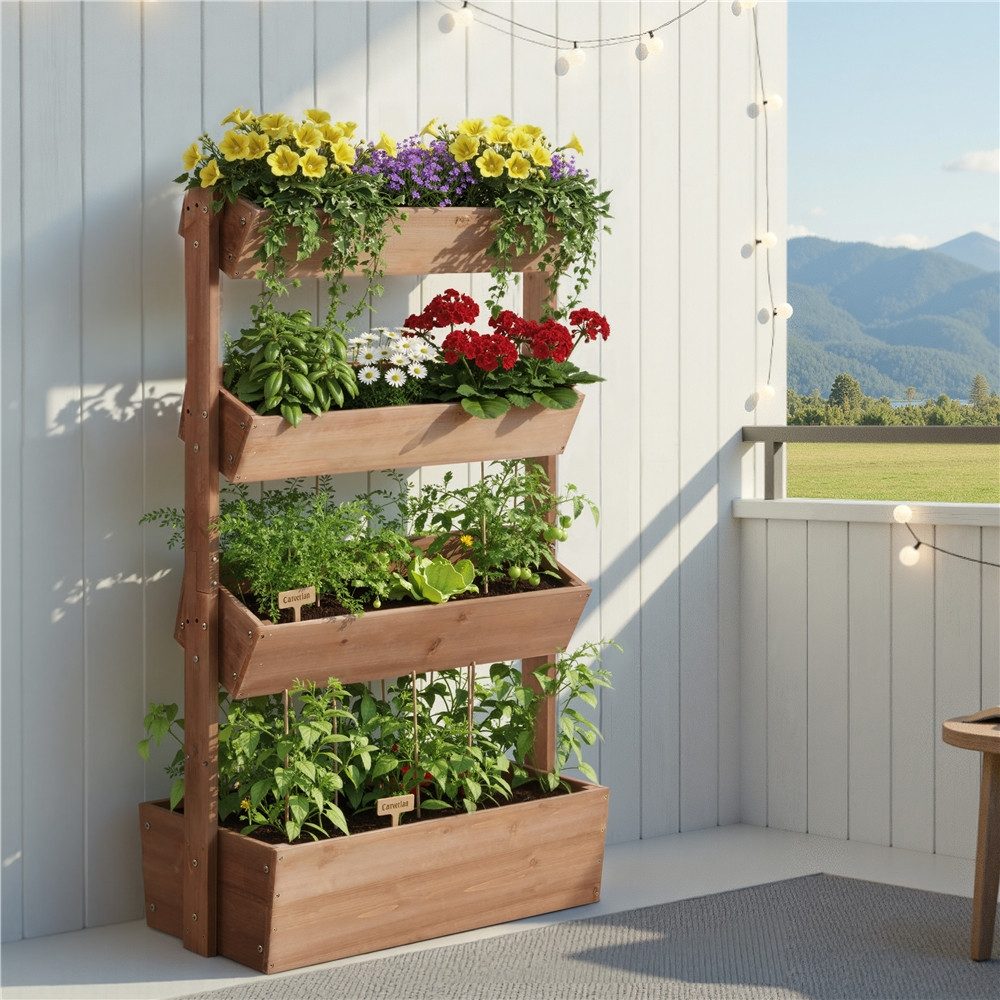Yaheetech Hochbeet 4-Stufiger Pflanzkasten aus Tannenholz, Pflanzbox mit Belüftungslöcher für Garten/Hof/Terrasse
