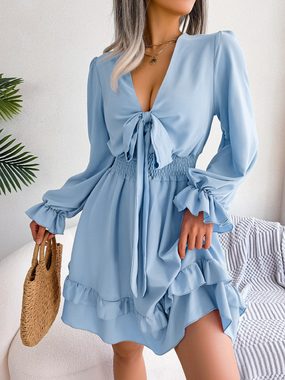 BlauWave Jerseykleid Minikleid für Damen, Freizeitkleidung, V-Ausschnitt (1-tlg) Schleife, Rüschensaum