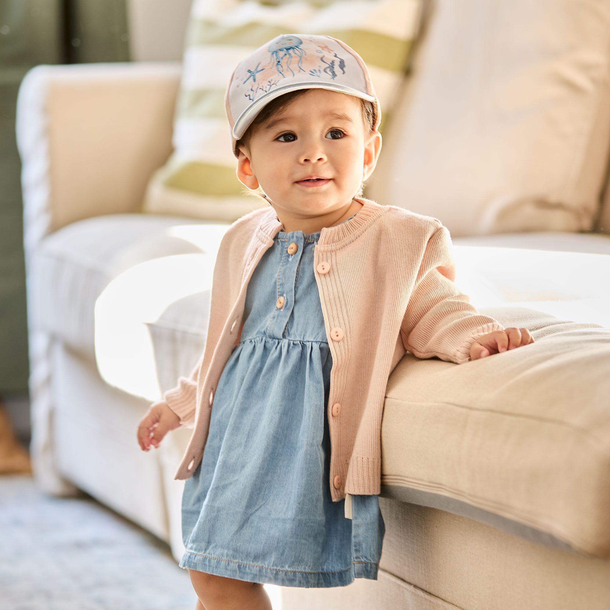 MAXIMO Sommerkleid (1-tlg) Denim-Optik, Rüschenärmel, Holzknöpfe, Blau