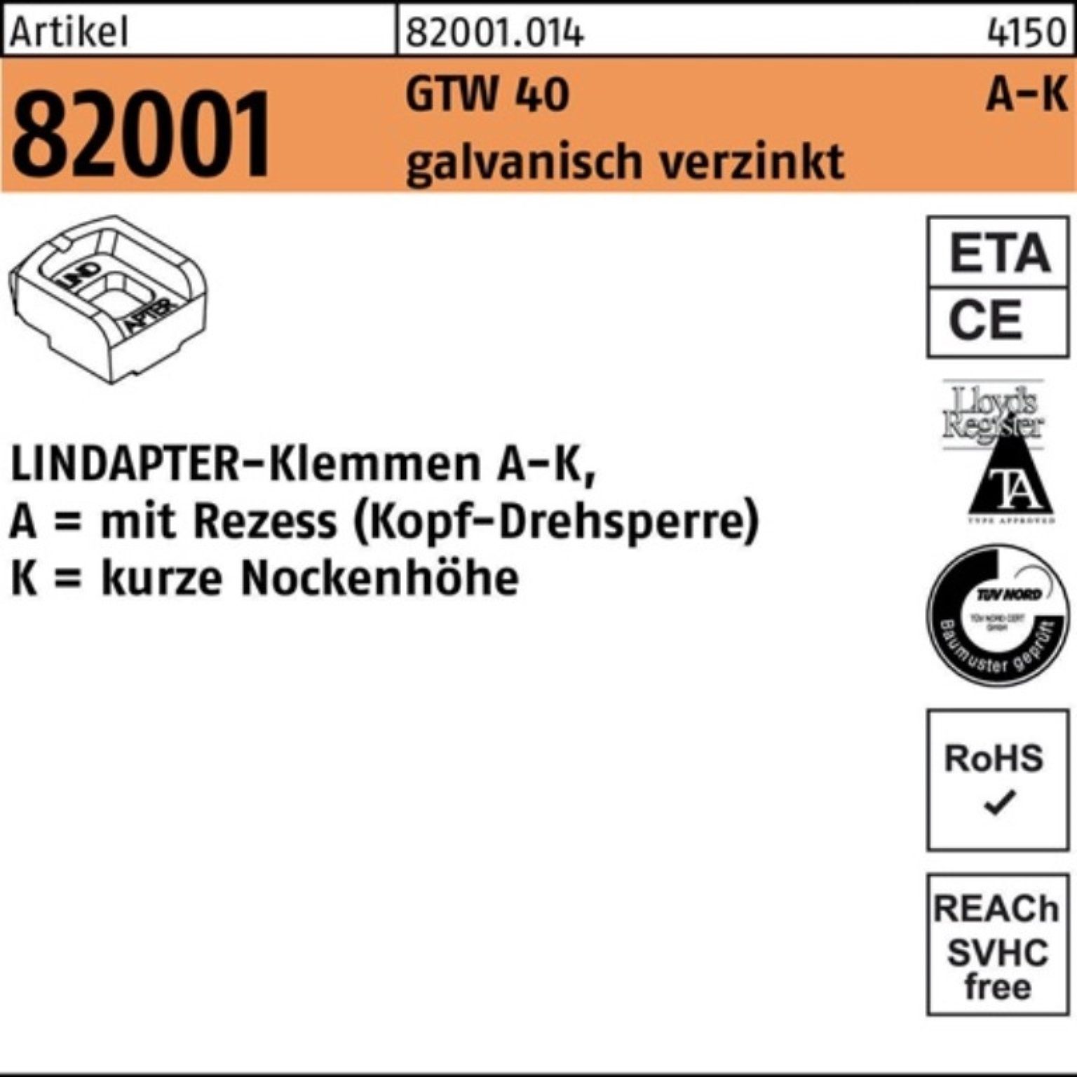 Lindapter Klemmen 100er Pack Klemmen R 82001 GTW 40 KM 20/7,0 galv.verz. 1 Stück LINDAP