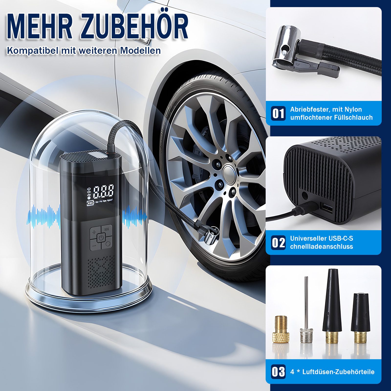 AKKEE Akku-Luftpumpe Mit 4000/6000-mAh-Akku, 150 PSI Tragbare Elektronische, Mit Manometer/Digital-LCD-Anzeige – Bild 5 von 5