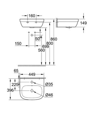 Grohe Waschbecken GROHE Handwaschbecken Euro Keramik 45 cm breit wandhängend 1 Hahnloch