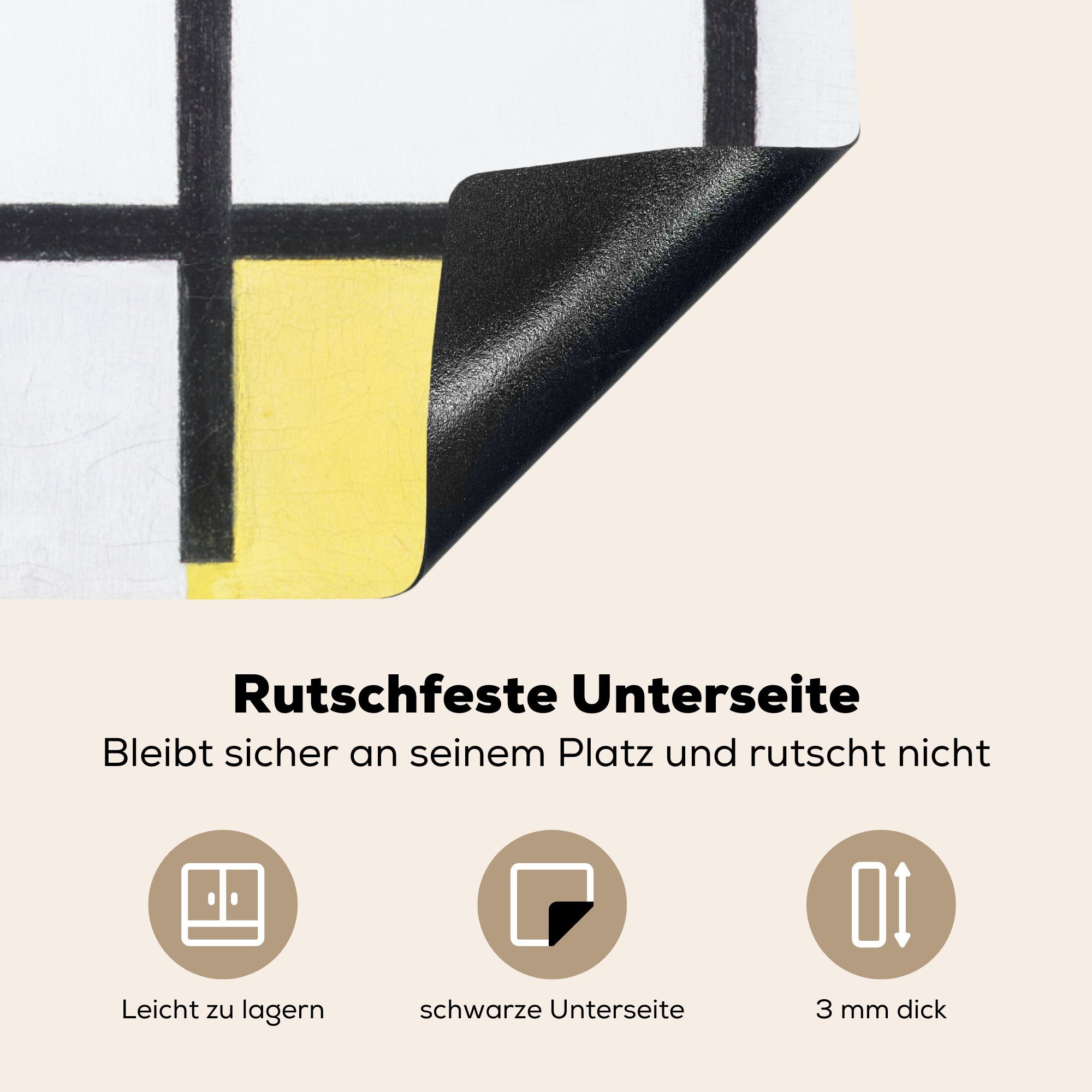 Blau, Grau MuchoWow Mondrian, Gelb cm, mit Ceranfeldabdeckung, - Piet Rot, tlg), und Komposition Vinyl, für Herdblende-/Abdeckplatte Arbeitsplatte küche 78x78 (1 Schwarz,