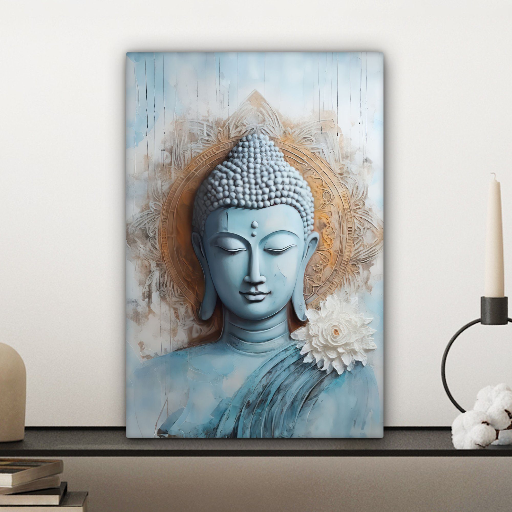Leinwandbild St), - Blau OneMillionCanvasses® 20x30 inkl. Blume, - Gemälde, Leinwandbild bespannt cm Braun - - Buddha Zackenaufhänger, fertig Statue (1