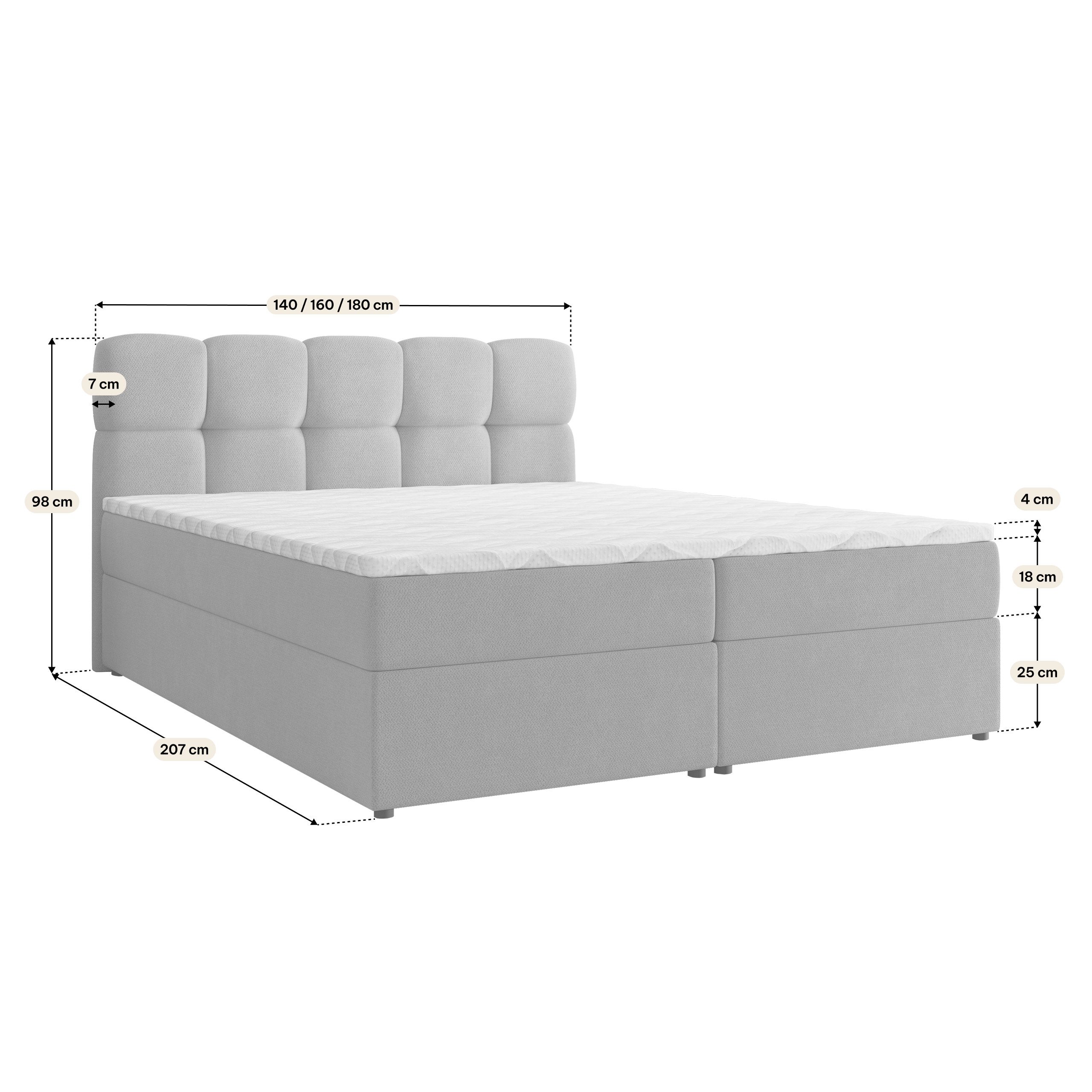 Masseno Boxbett MERU 160x200 cm mit Bonell Matratze und Topper, Doppelbett, Polsterbett mit Kopfteil, Boxspringbett – Bild 5 von 5