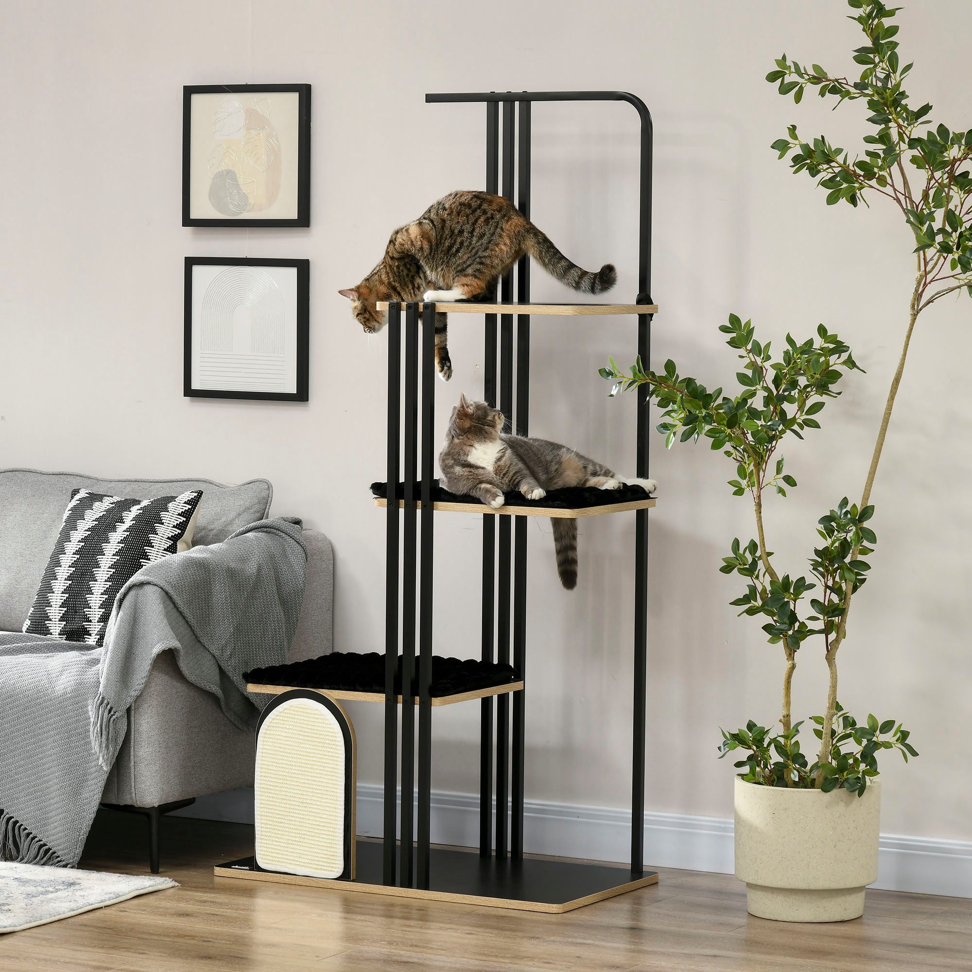 PawHut Kratzbaum mehrstöckiger Katzenbaum mit Kissen, Kratzbrett, mit 3 Plattformen, 48B x 85L x 170H cm