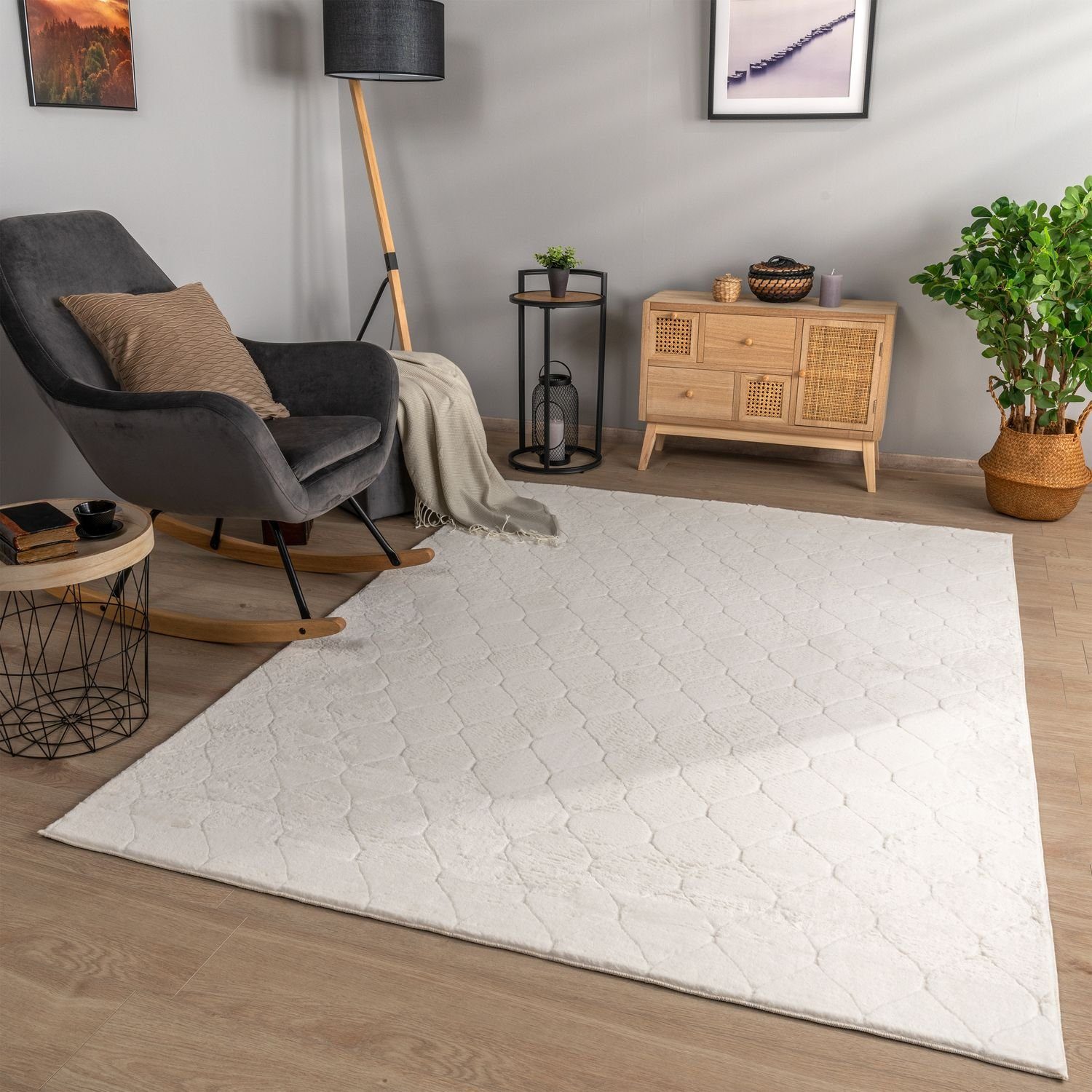 Teppich Wohnzimmer Teppich Esszimmer Kurzflor Geometrisches Muster Skandi, TT Home, eckig, Höhe: 16 mm Hellbeige Creme