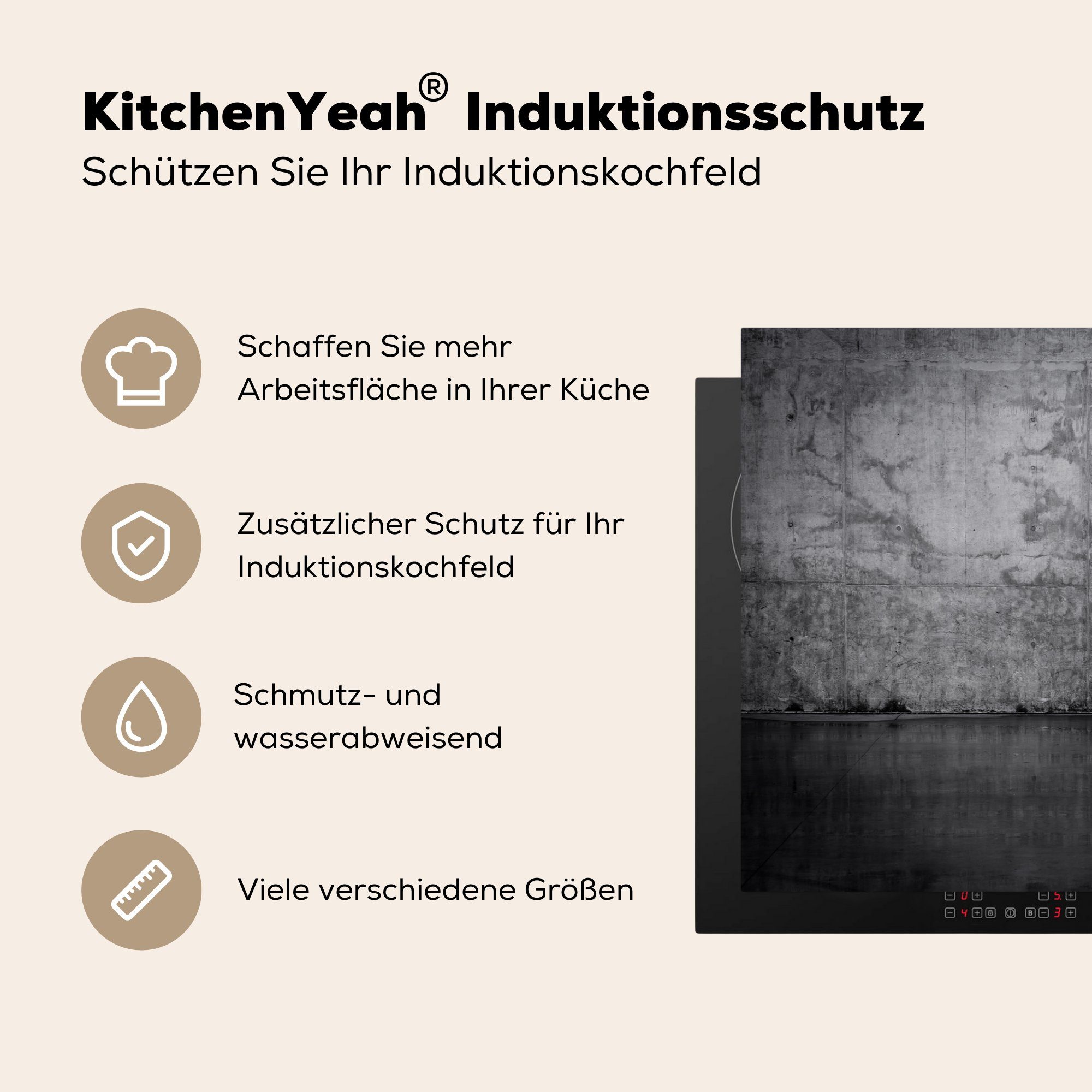 Induktionskochfeld für Herdblende-/Abdeckplatte die Dunkel, MuchoWow tlg), Wand cm, Ceranfeldabdeckung küche, - Schutz Beton - 81x52 Vinyl, (1