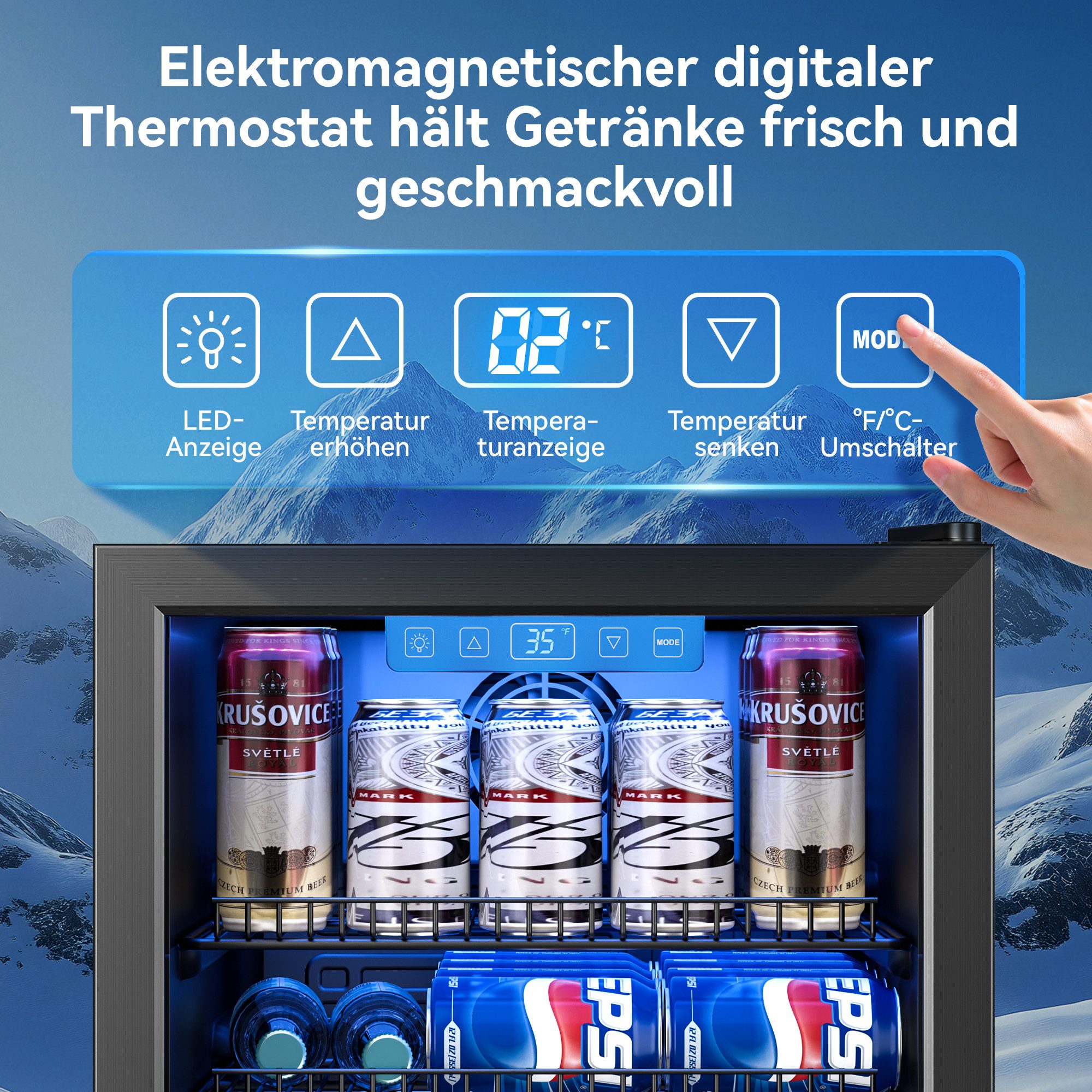 Furnicopia Getränkekühlschrank 89L,Doppelverglasung, LED-Beleuchtung, geräuscharm für Bar & Haushalt KVC-90, Digitale LED-Touchscreen-Bedienung,höhenverstellbare Füße und Ablagen.