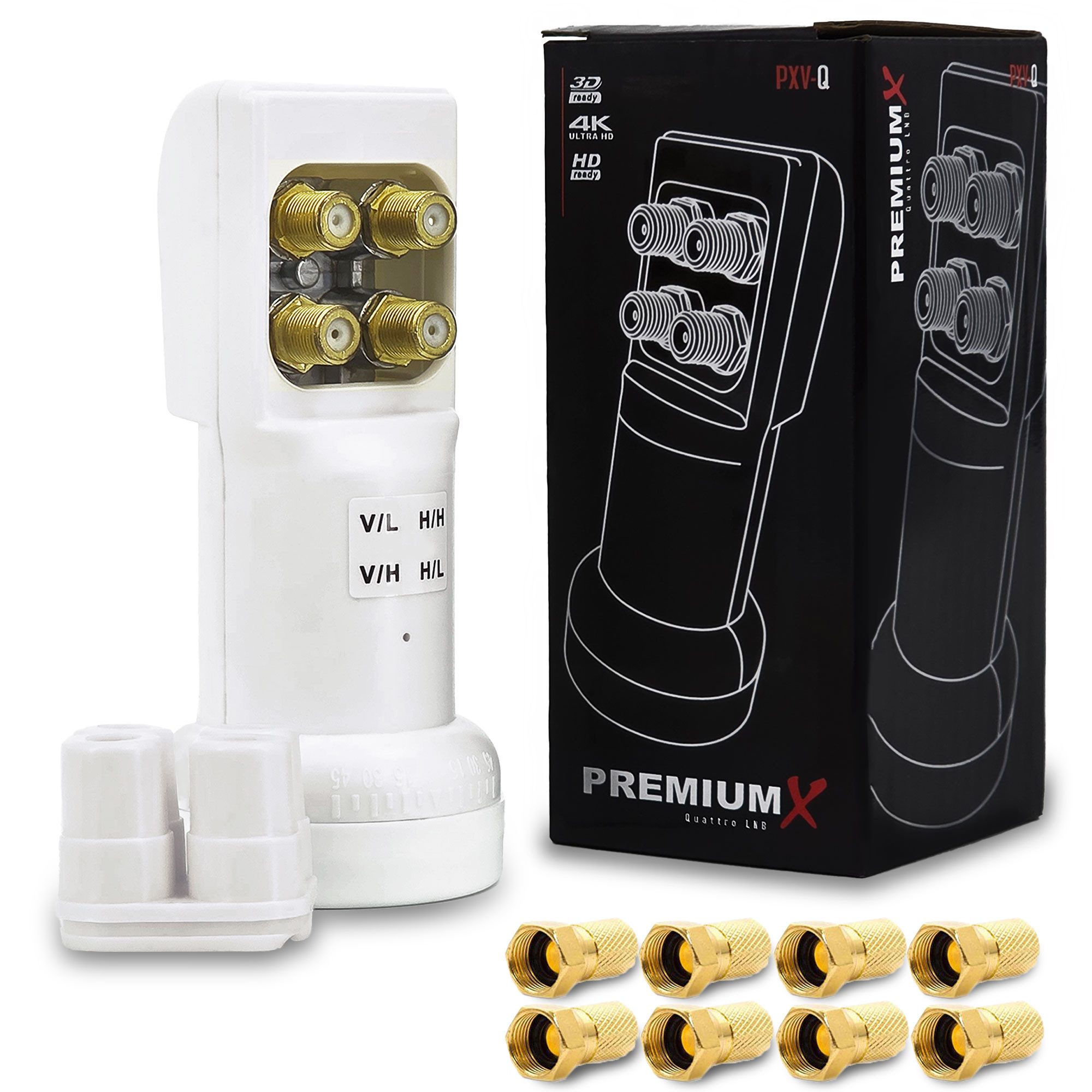 PremiumX Quattro LNB für Multischalterbetrieb DVB-S2 HD 4K inkl. 8x F-Stecker Monoblock-LNB