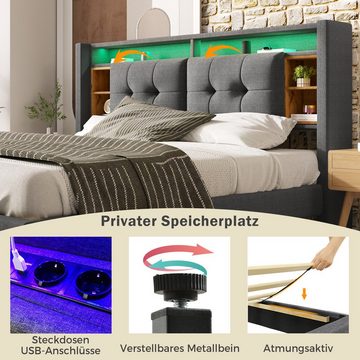 Fangqi Polsterbett 160 * 200CM Polsterbett mit USB-Ladefunktion und LED-Beleuchtung (Jugendbett, Gästebett, Doppelbett, Schlafzimmerbett), Das Kopfteil integriert Steckdosen, LED-Dekoration und Stauraum