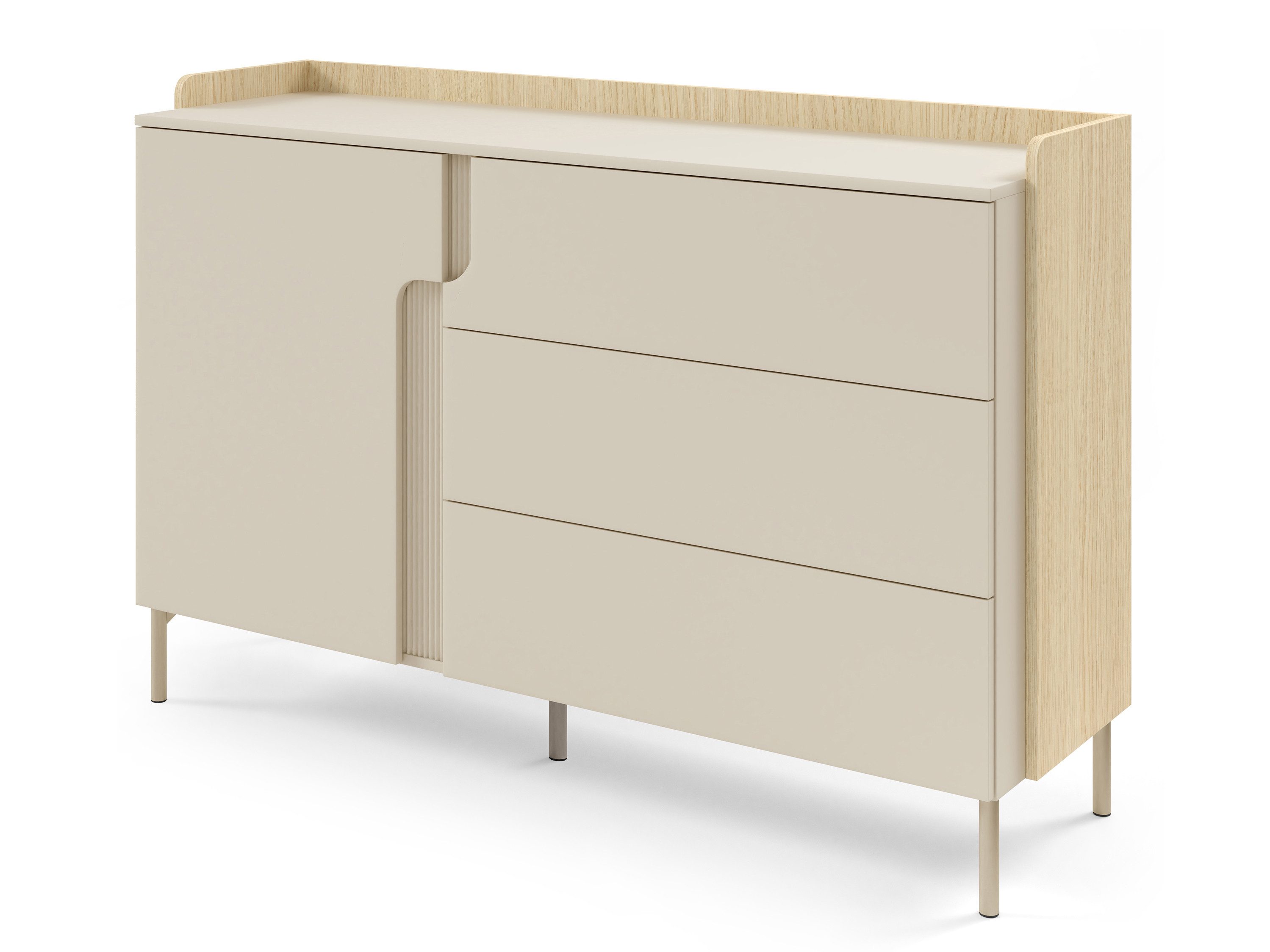 Beautysofa Kommode POSITIVO mit 1 Tür und 3 Schubladen (Skandinavisches Design, Tip-On-System, geriffelte Details), Breite: 143,2 cm