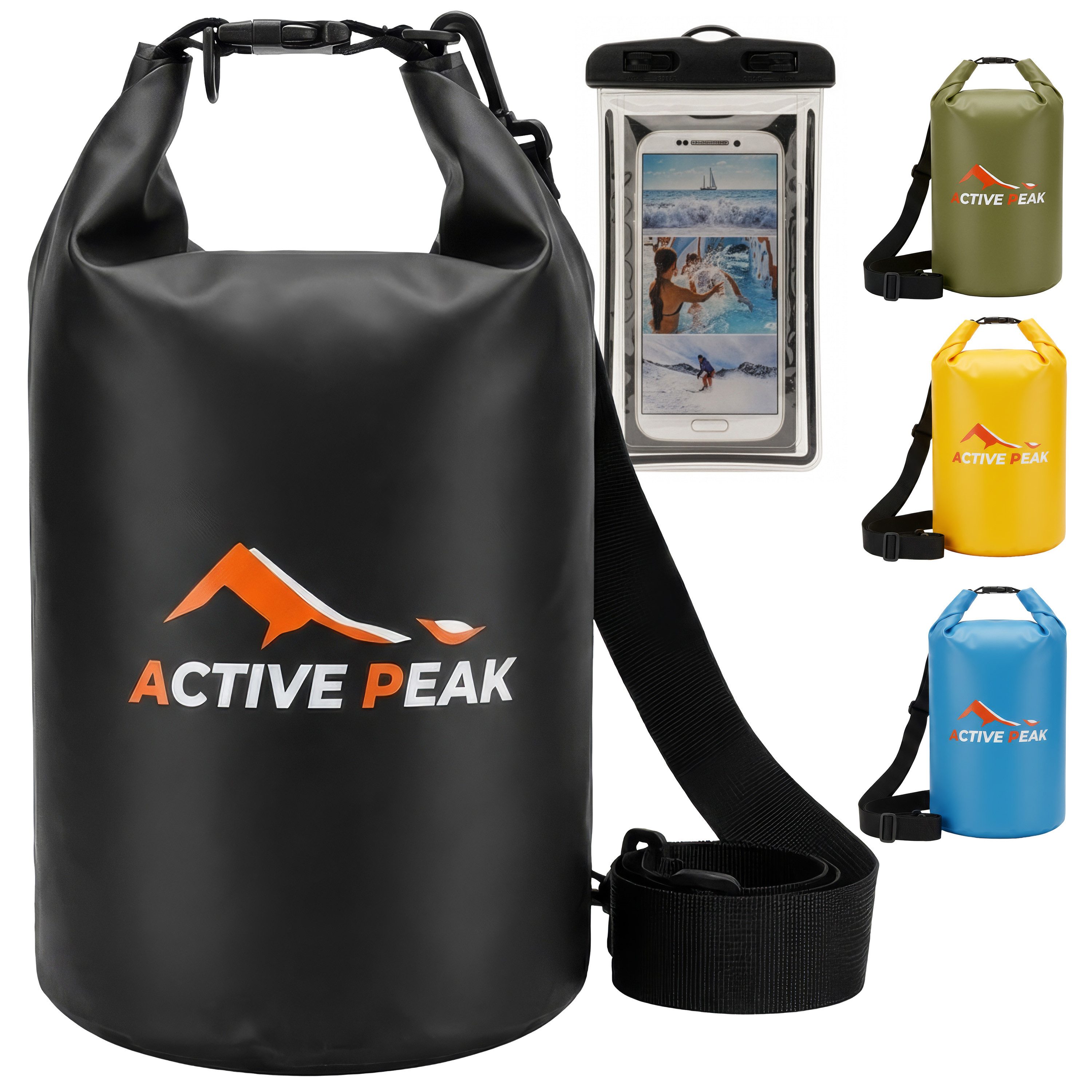 Active Peak Drybag Wasserdichte Tasche & Packsack (inkl. Wasserdichter Smartphone Hülle, 2-tlg), Waterproof Bag Seesackfür SUP, Kajak, Strand, Wassersport, Outdoor uvm