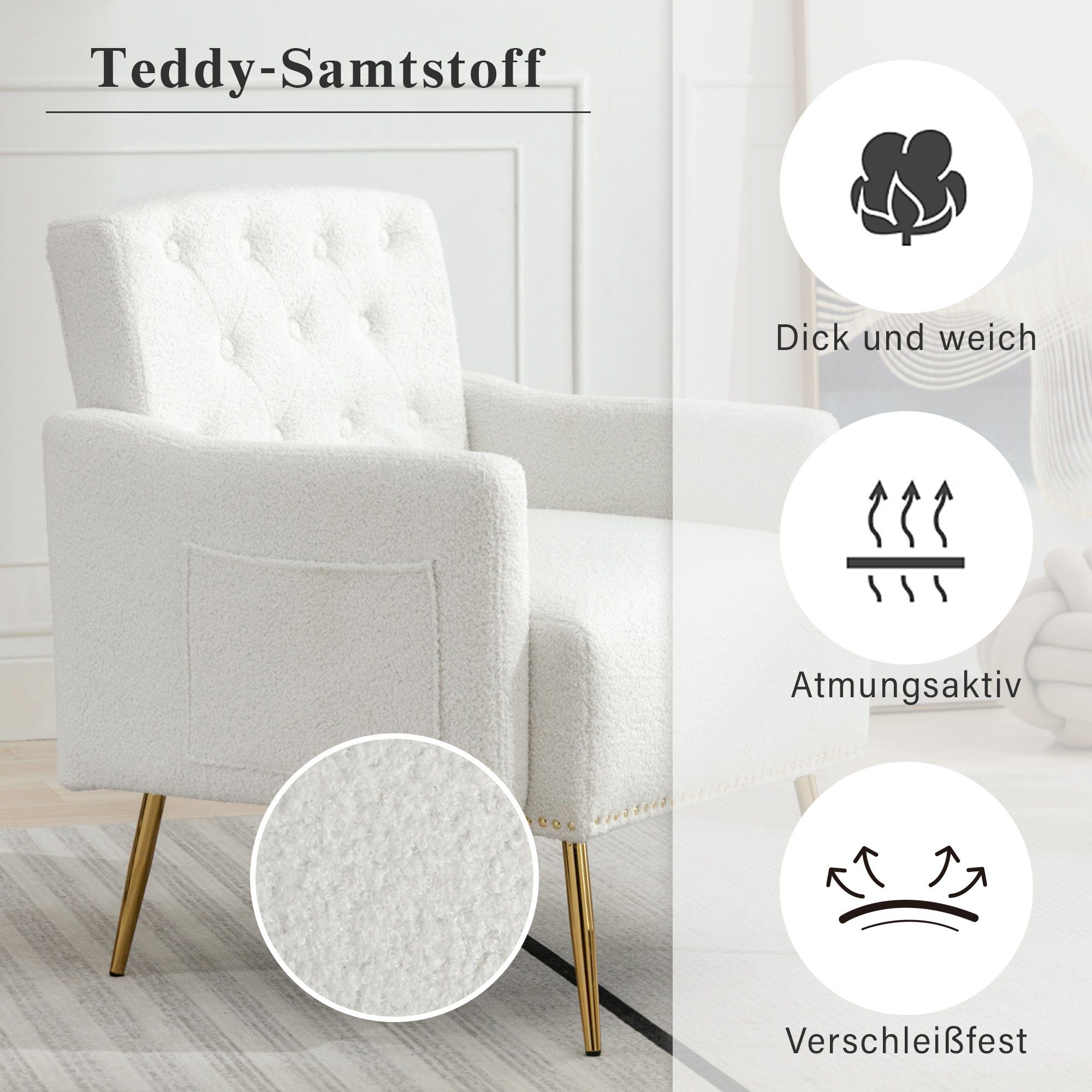 (Wohnzimmerstuhl, Relaxstuhl, geeignet Metallbeine, Lesen Wohnzimmerstuhl, Sessel oder Entspannen, weiß goldene Sessel, Relaxsessel, OKWISH Sessel), zum Teddy-Samt-Stuhl bequemer mit Reißverschluss-Design bequemer