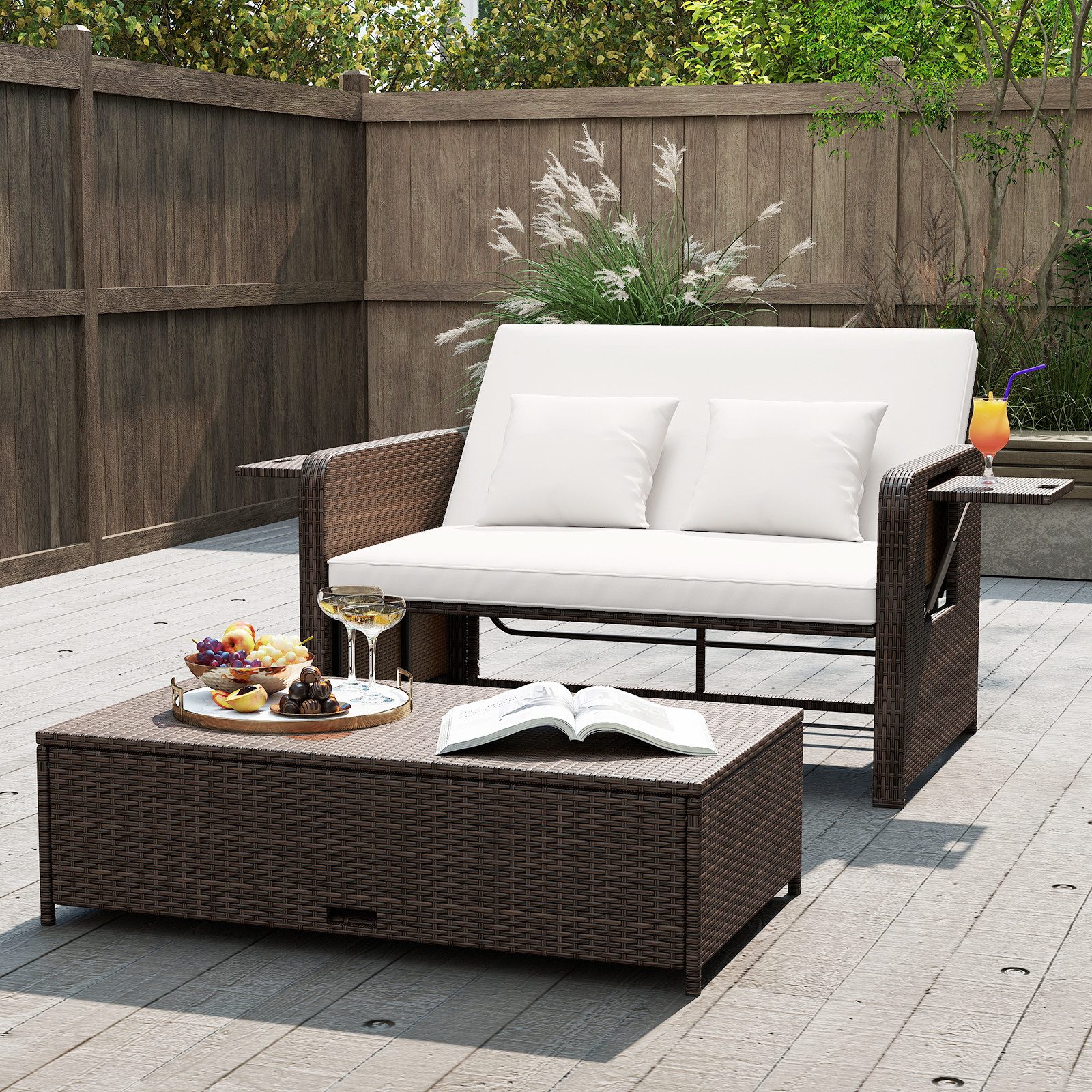 COSTWAY Loungebett, Rattan, 2-Personen, 3 in 1, mit verstellbarer Rückenlehne