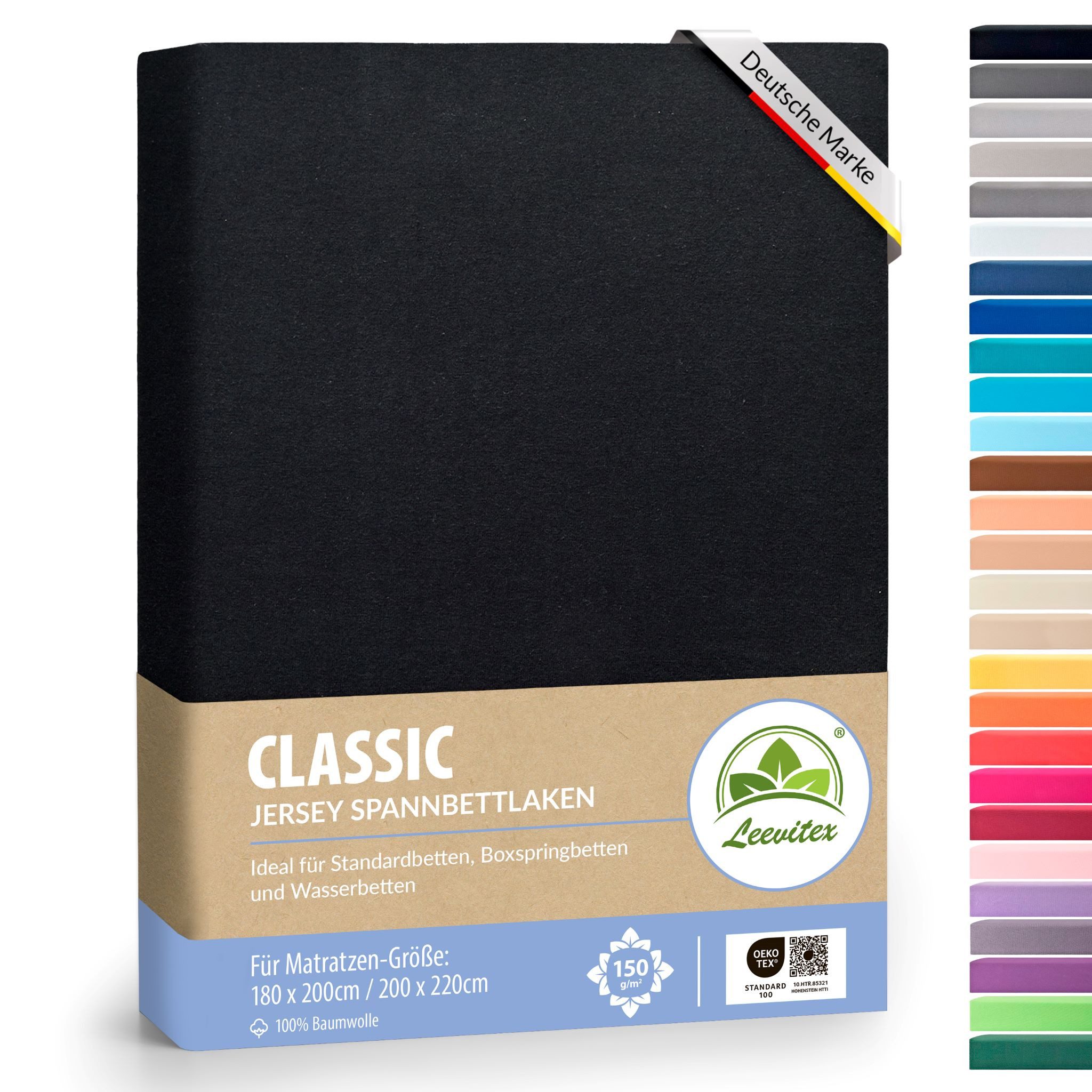 leevitex® Spannbettlaken 180x200 - 200x220 cm, 40 cm Steghöhe, Stoffdicke 150 g/m², Jersey, Gummizug: rundum, (1 Stück), OEKO-TEX® Standard 100 Zertifikatsnummer 10.HTR.85321 zertifiziert