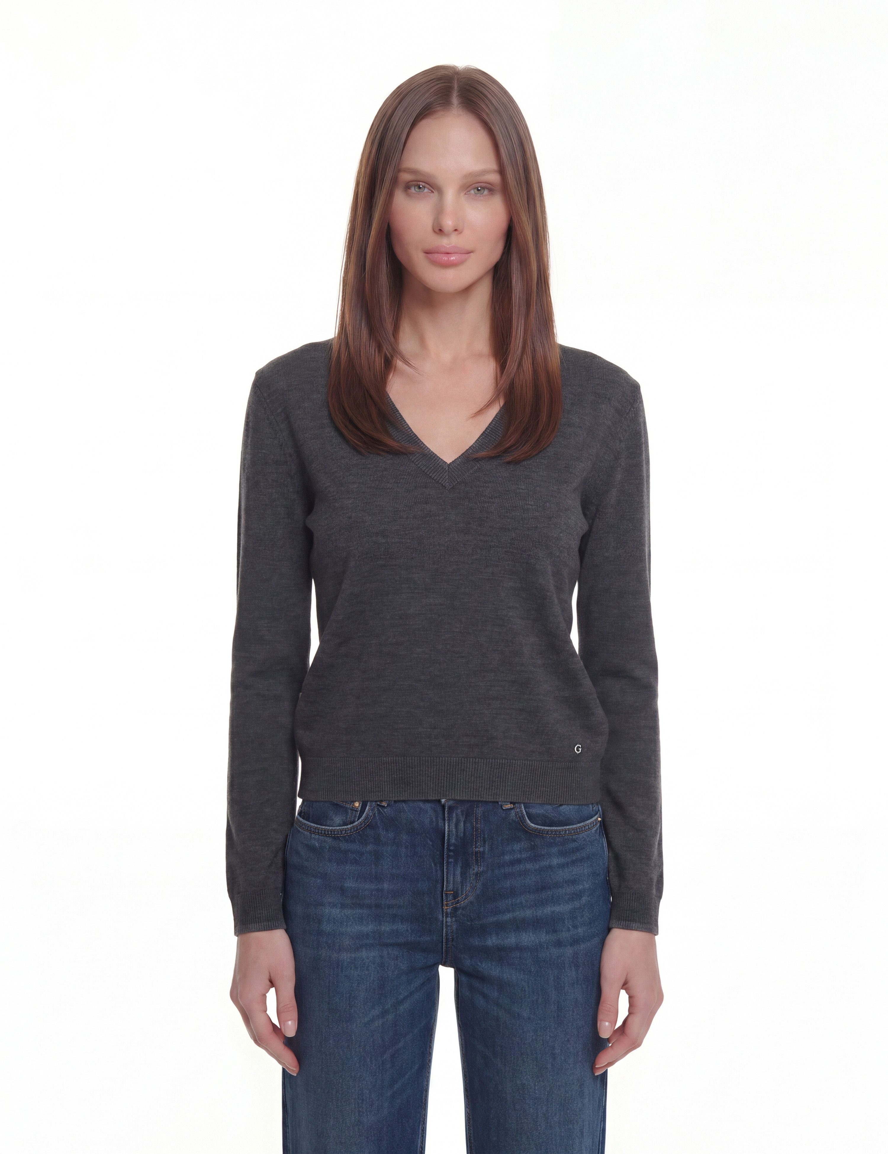Guess Wollpullover LS VN PRISCILLA SWTR mit V-Ausschnitt, Merinowolle
