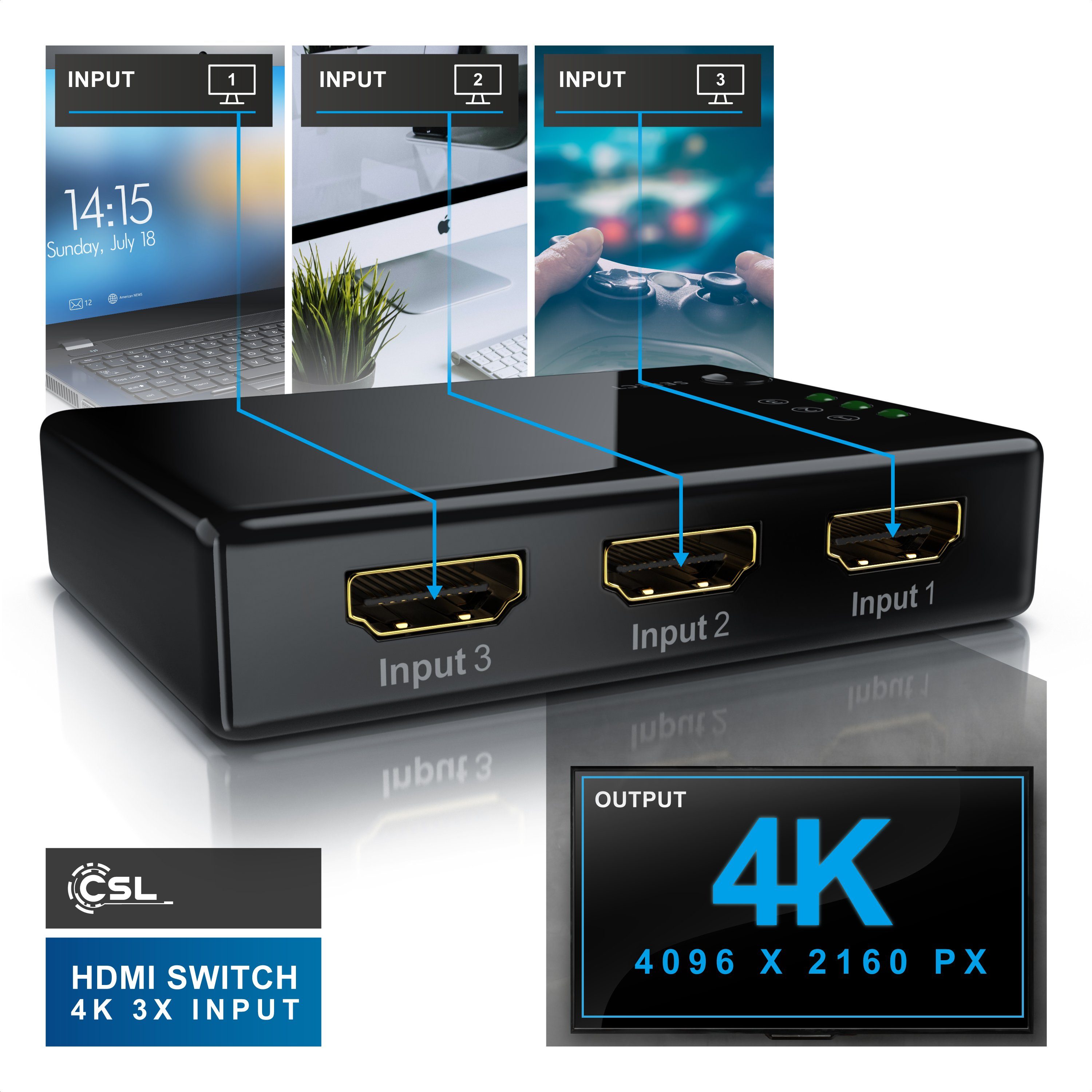 Primewire Audio / Video Matrix-Switch 3-Port 4Kx2K Ultra HD HDMI Switch/Verteiler, automatische Umschaltung, Video-/Audioschalter mit Verstärker, UHD inkl. Fern – Bild 3 von 5
