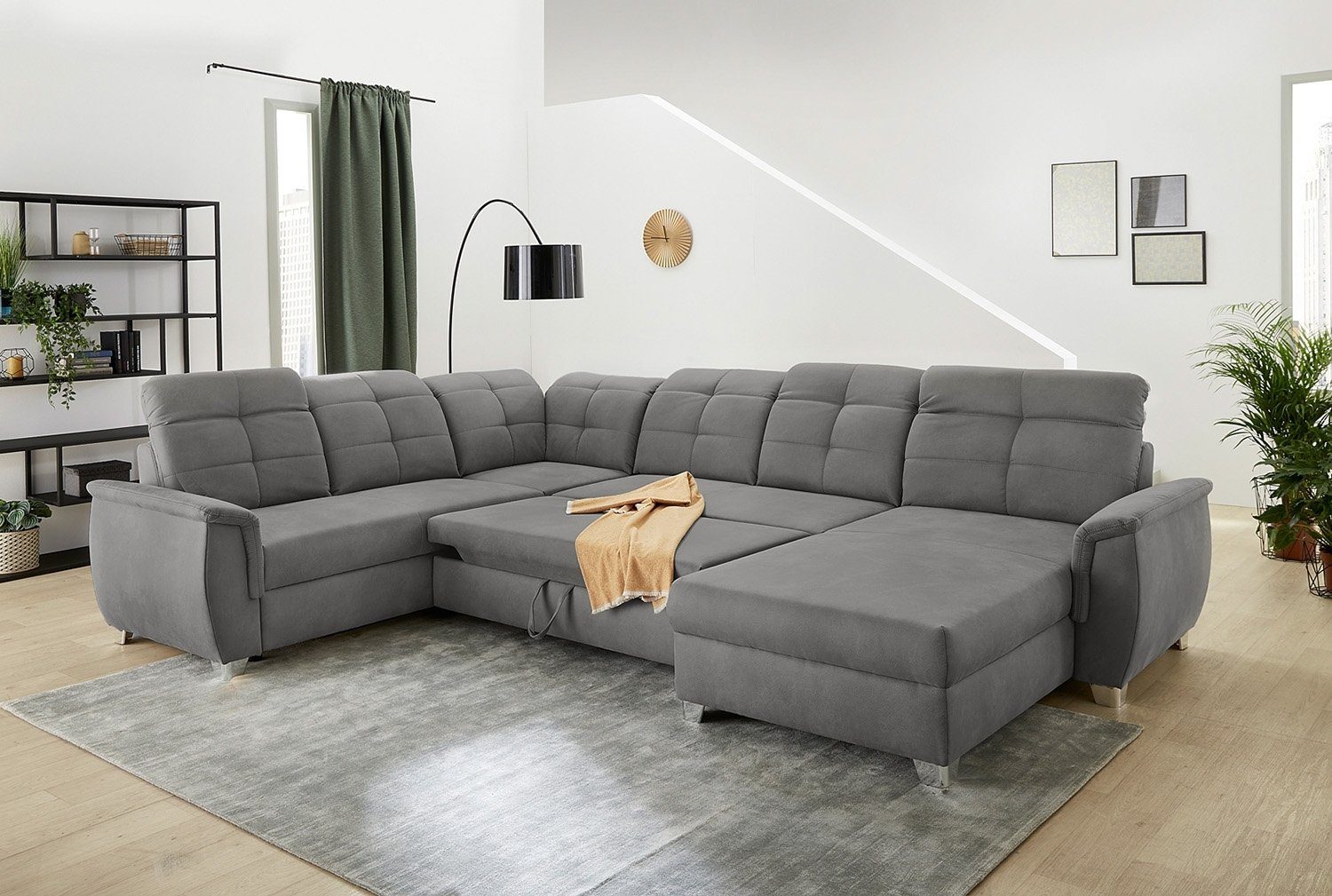 Sofa LIVORNO, B 354 cm x 265 cm, Grau, Mikrofaserbezug, Schlaffunktion, mit Bettkasten