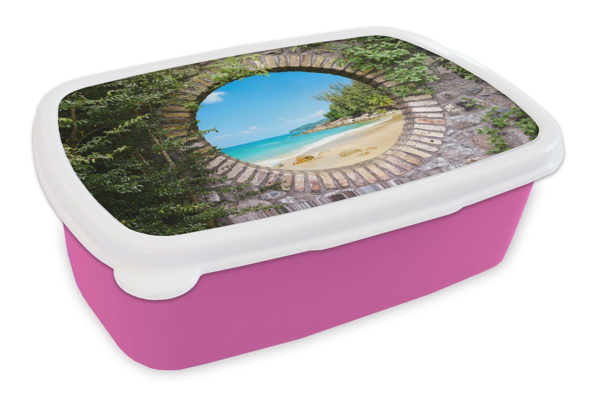 MuchoWow Lunchbox Strand - Meer - Aussicht - Sommer, Kunststoff, (2-tlg), Brotbox für Erwachsene, Brotdose Kinder, Snackbox, Mädchen, Kunststoff rosa