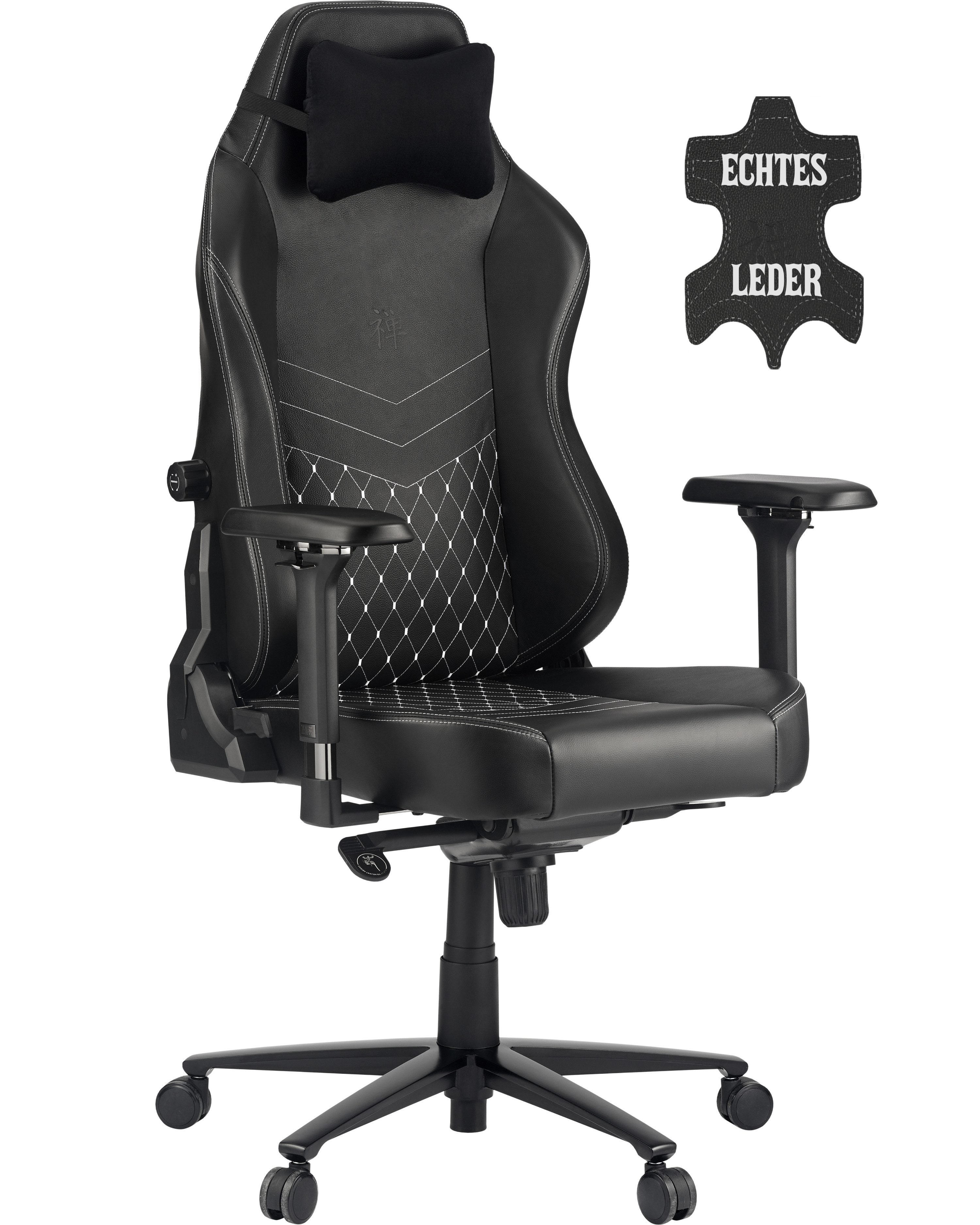 ZEN Gaming-Stuhl SAGA Echtleder Schreibtischstuhl Bürostuhl PC Stuhl echtes Leder - (Kippmechanismus, Neigung stufenlos verriegelbar), einstellbare integrierte Lendenwirbelstütze, weiche 4D-Armlehnen