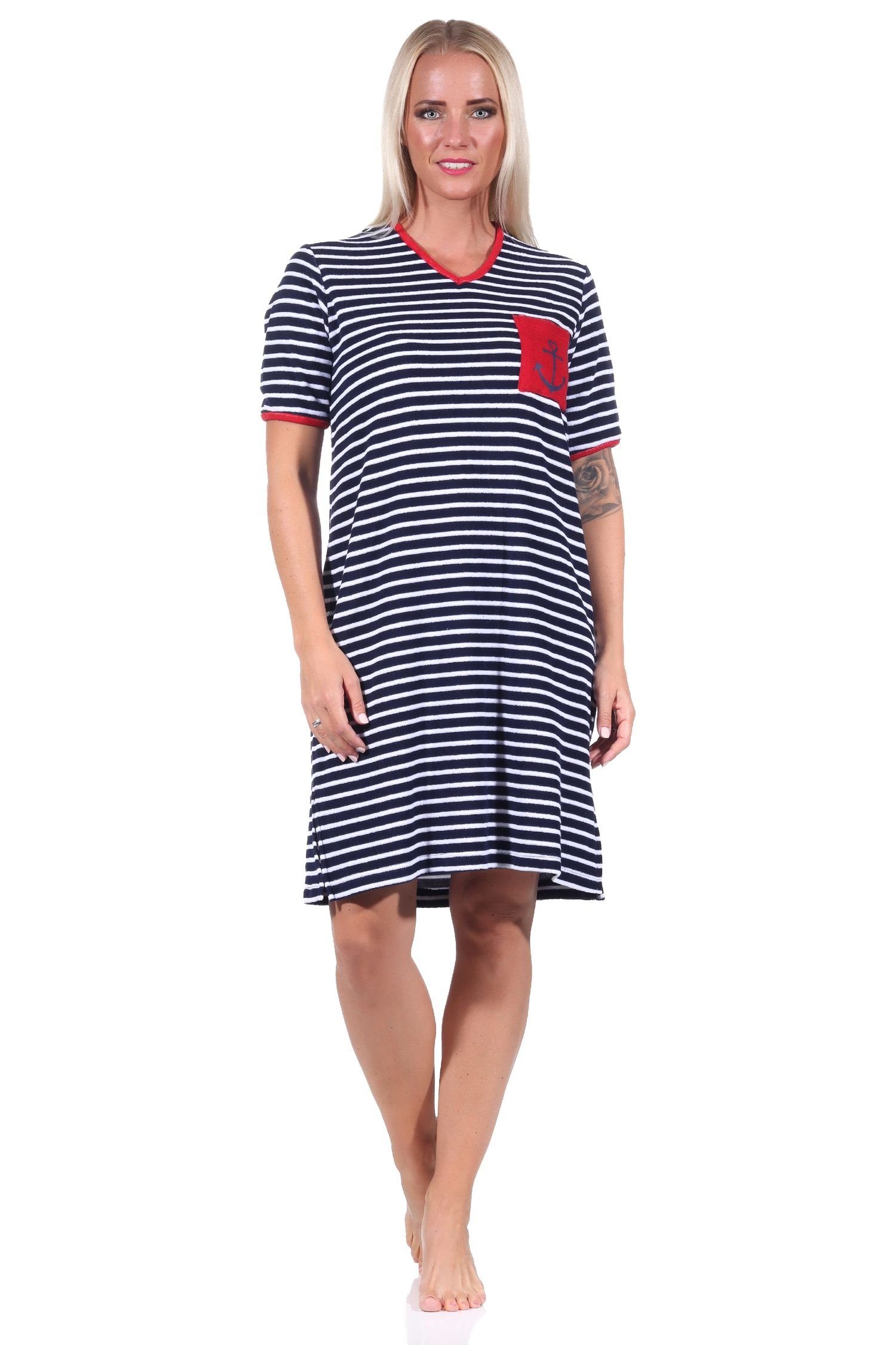 Maritimes Nachthemd marine Normann kurzarm mit Motiv Strandkleid Frottee Damen Anker Nachthemd