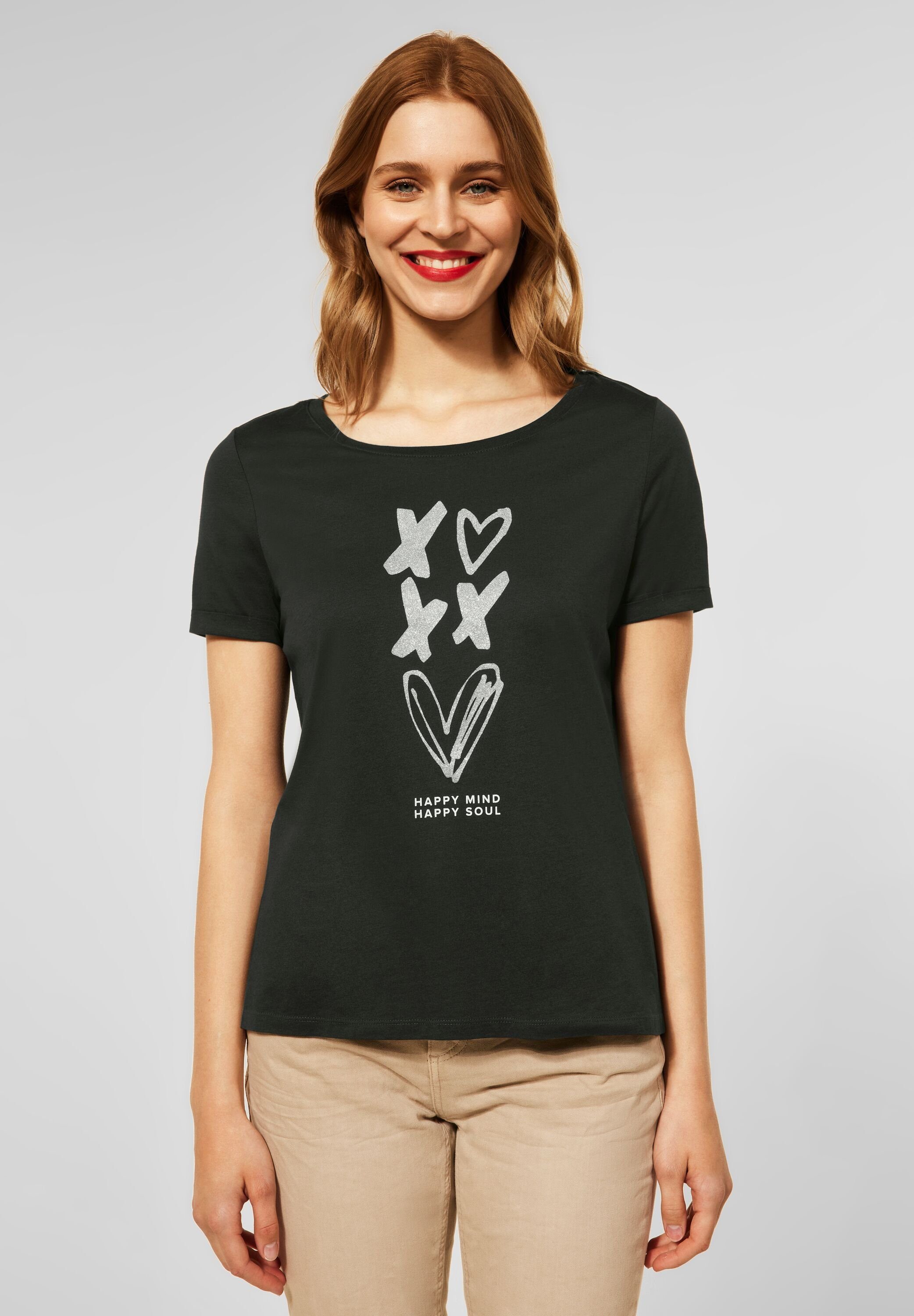 STREET ONE mit Print bassy olive Wording T-Shirt und