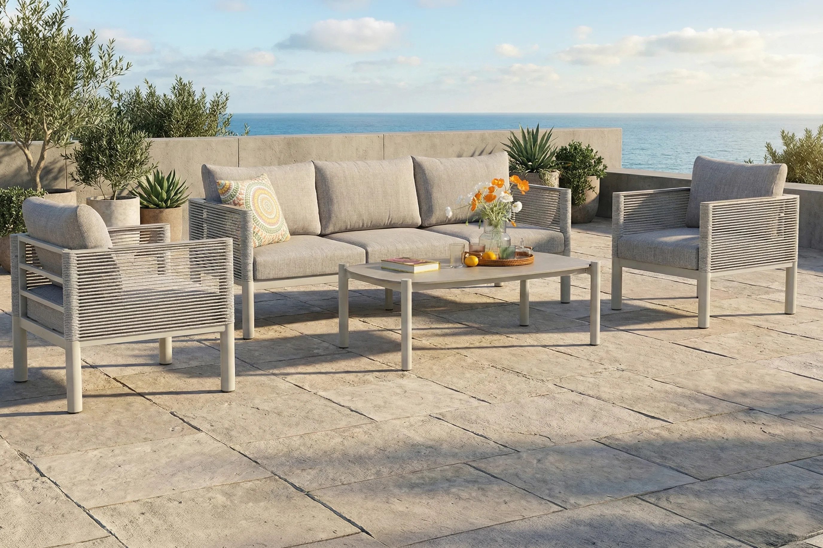 Bjorkka Gartenlounge-Set "GENEVA PREMIUM" Aluminium, Sofa + 2 Sessel + Tisch, Geflecht / Rope, Geflochten, Witterungsbeständig, bequemes Gartenmöbel-Set