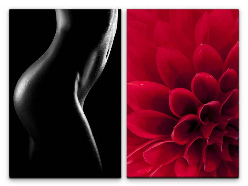 Sinus Art Leinwandbild 2 Bilder je 60x90cm Erotisch Akt Schwarz Schlafzimmer Rot Liebe Blume