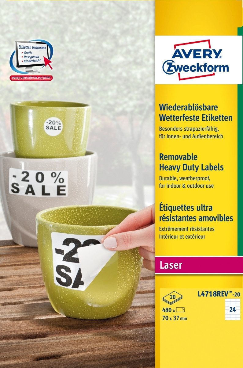 Avery Zweckform Etiketten Etiketten wetterfest Polyester wiederablösbar weiß 70x37mm VE=480 Etik