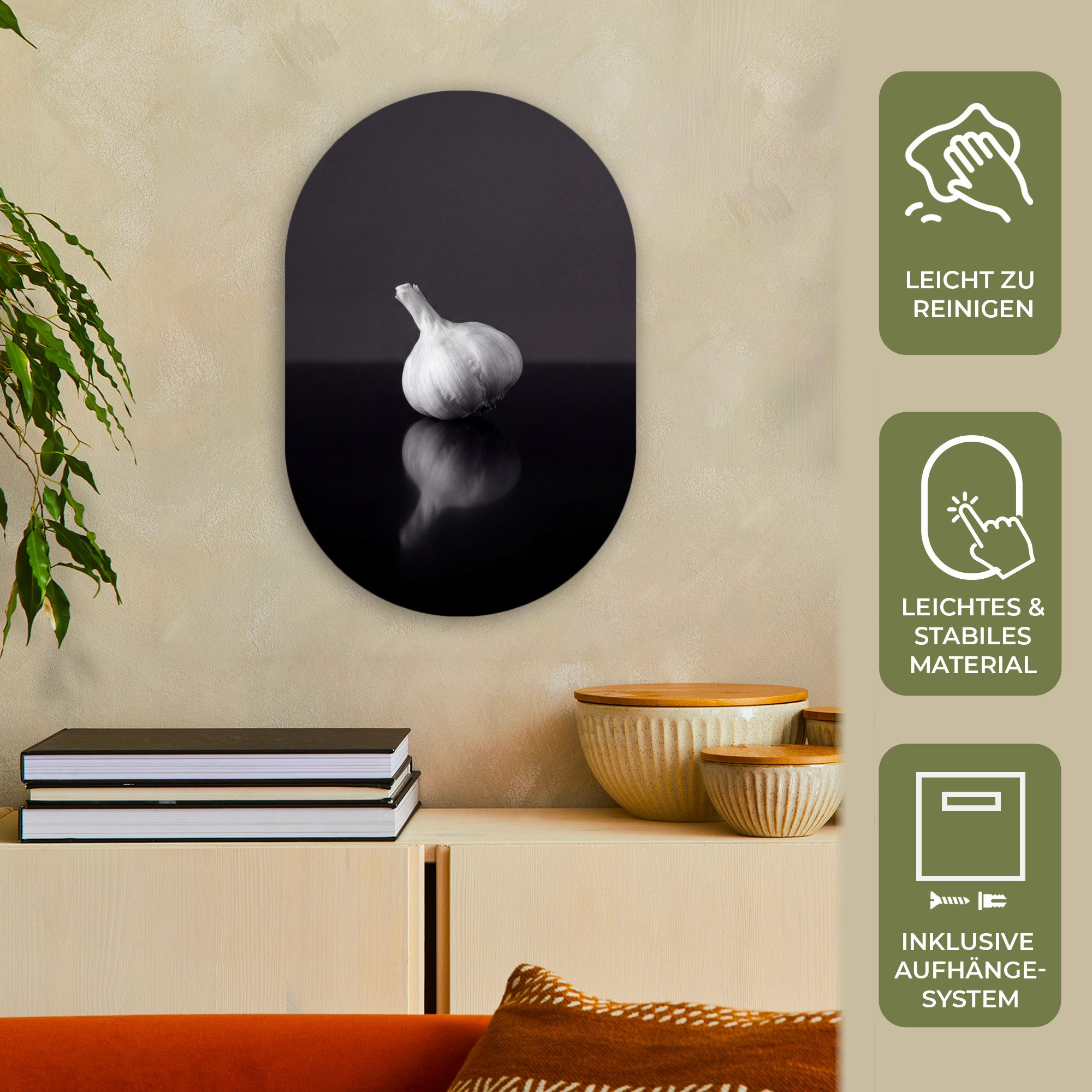 MuchoWow Gemälde Knoblauch - Schwarz - Weiß, Fotodruck (1 St), Wandbild Oval, Wohnzimmer oder Schlafzimmer Wanddekoration, 40x60 cm