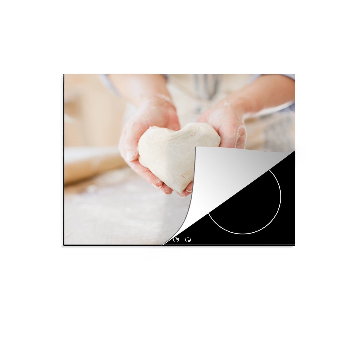 MuchoWow Herdblende-/Abdeckplatte Ein Bäcker mit Ceranfeldabdeckung Teig, Induktionsschutz, (1 herzförmigem Vinyl, 57x51 cm, tlg), Induktionskochfeld