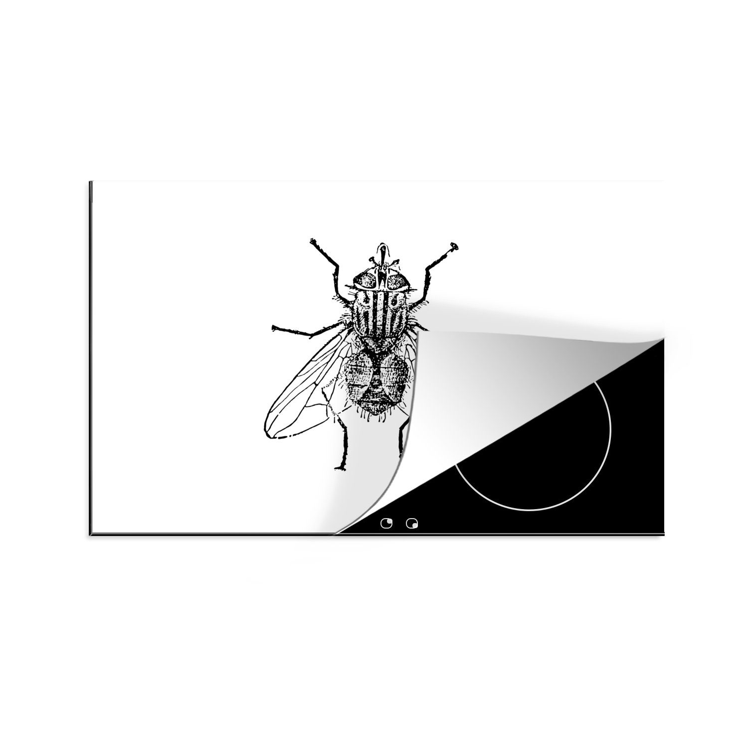 MuchoWow Herdblende-/Abdeckplatte Fliege - Tiere - Vintage - Schwarz und weiß, Vinyl, (1 tlg), 80x52 cm, Induktionskochfeld Schutz für die küche, Ceranfeldabdeckung