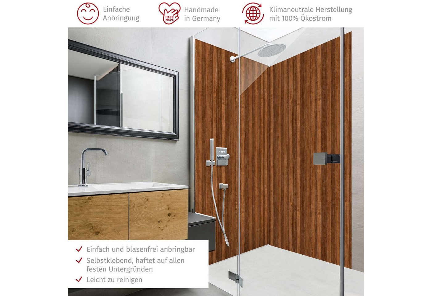 Thumbnail - Bilderdepot24 Badrückwand Holzoptik braun Duschrückwand ohne Bohren Dusche, (2-tlg., Hart-Folie Smart matt 0,35 mm), fug...