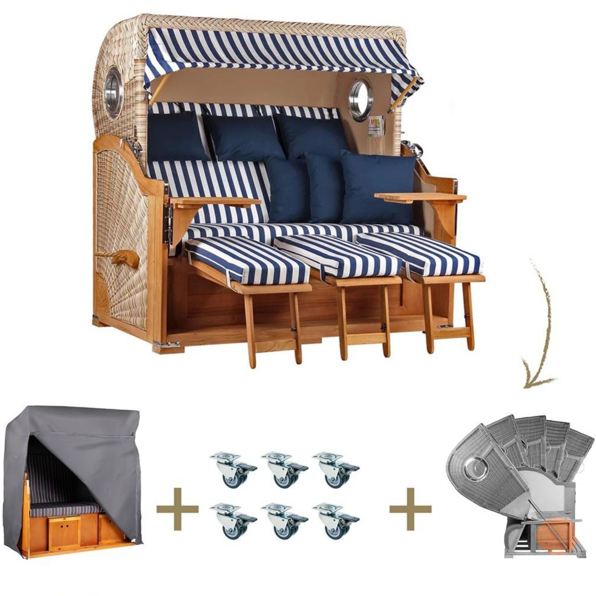 MR.DEKO Strandkorb XXL 3-Sitzer Teak Volllieger 170cm Bullauge Blau Weiß für 3 Personen, BxTxH: 170x95x170 cm, Volllieger, Baltikum XXL, (Luxus-Komplettset 4-tlg. inkl. Abdeckhaube, 4-tlg., Strandkorb inkl. Abdeckhaube, Rollen und Lifter-System), Wetterfestes Komplettset mit Rollen & Lifter, Fertig montiert