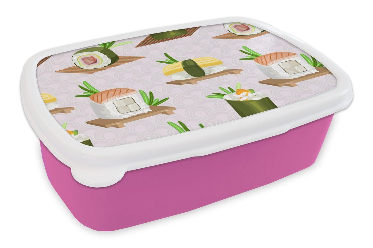 MuchoWow Lunchbox Muster - Lebensmittel - Sushi - Japan, Kunststoff, (2-tlg), Brotbox für Erwachsene, Brotdose Kinder, Snackbox, Mädchen, Kunststoff rosa