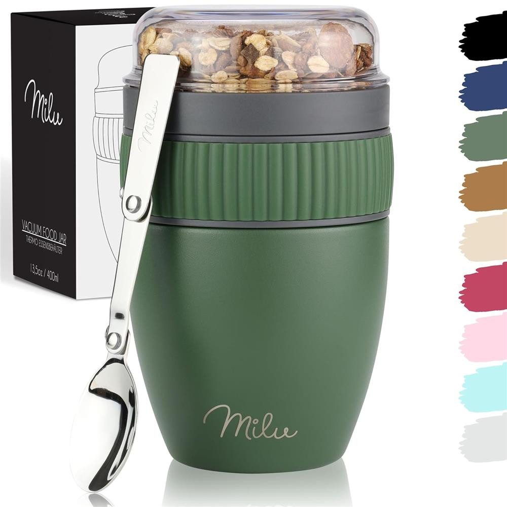 Milu Müslibox Müslibecher To Go Edelstahl 400 ml, isoliert, auslaufsicher, Müslimax Set